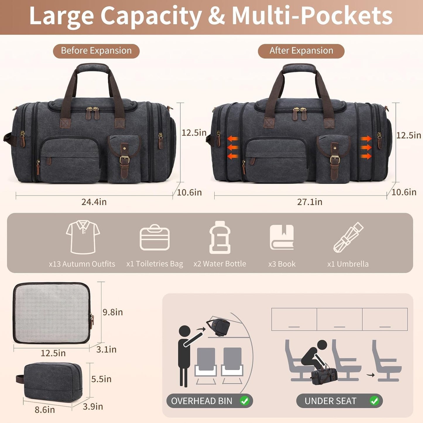 Mens Duffle Bag for Travel 60L Expandable Canvas Weekender Overnight Travel Duffel Bag with Shoe Compartment Carry-On for Airplanes Dark Gray