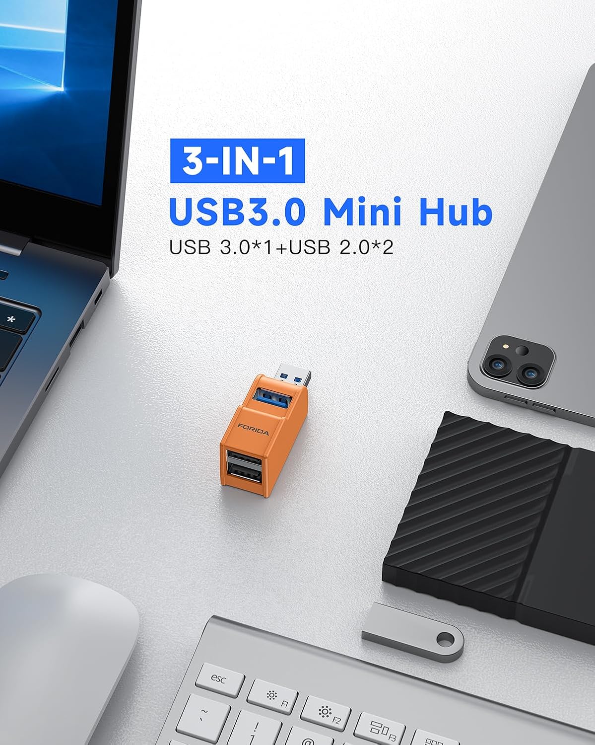 FORIDA 3 3.0 2 2.0 1 USB-3.0 Ports USB hub, USB Splitter to USB Out Ports and Port, Portable USB Adapter for Keyborad