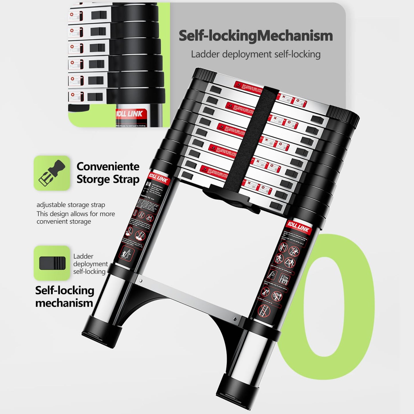 KOLL LINK Telescoping Ladder,12.5 FT Aluminum Lightweight Extension Ladder with 2 Triangle Stabilizers, Heavy Duty 330lbs Max Capacity