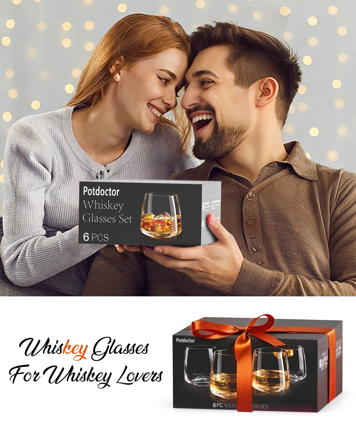 Potdoctor Whiskey Glasses Set of 6, 13.5oz Premium Lead-Free Crystal rocks Glass,Unique Gifts for Men Women, Bourbon Scotch Cocktails Drink Rum Cognac Vodka Liquor