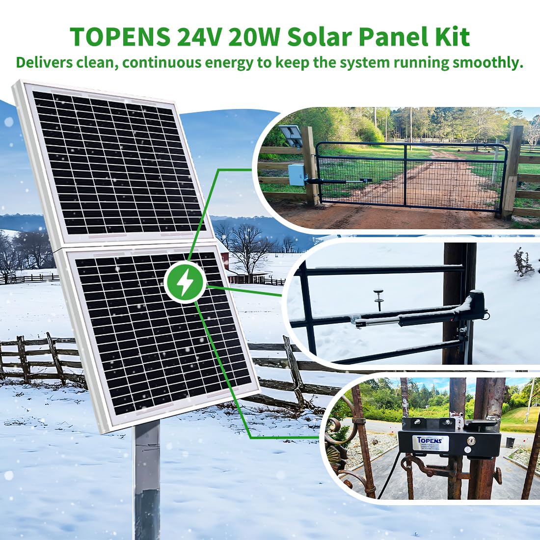 TOPENS TSQ20W Solar Panel 20-Watt 24V Monocrystalline Solar Panel Kit, for Gate Opener, Boat, Yacht, RV, Caravan, Golf Car, Street Lamp, Garden Light and Farm Equipment