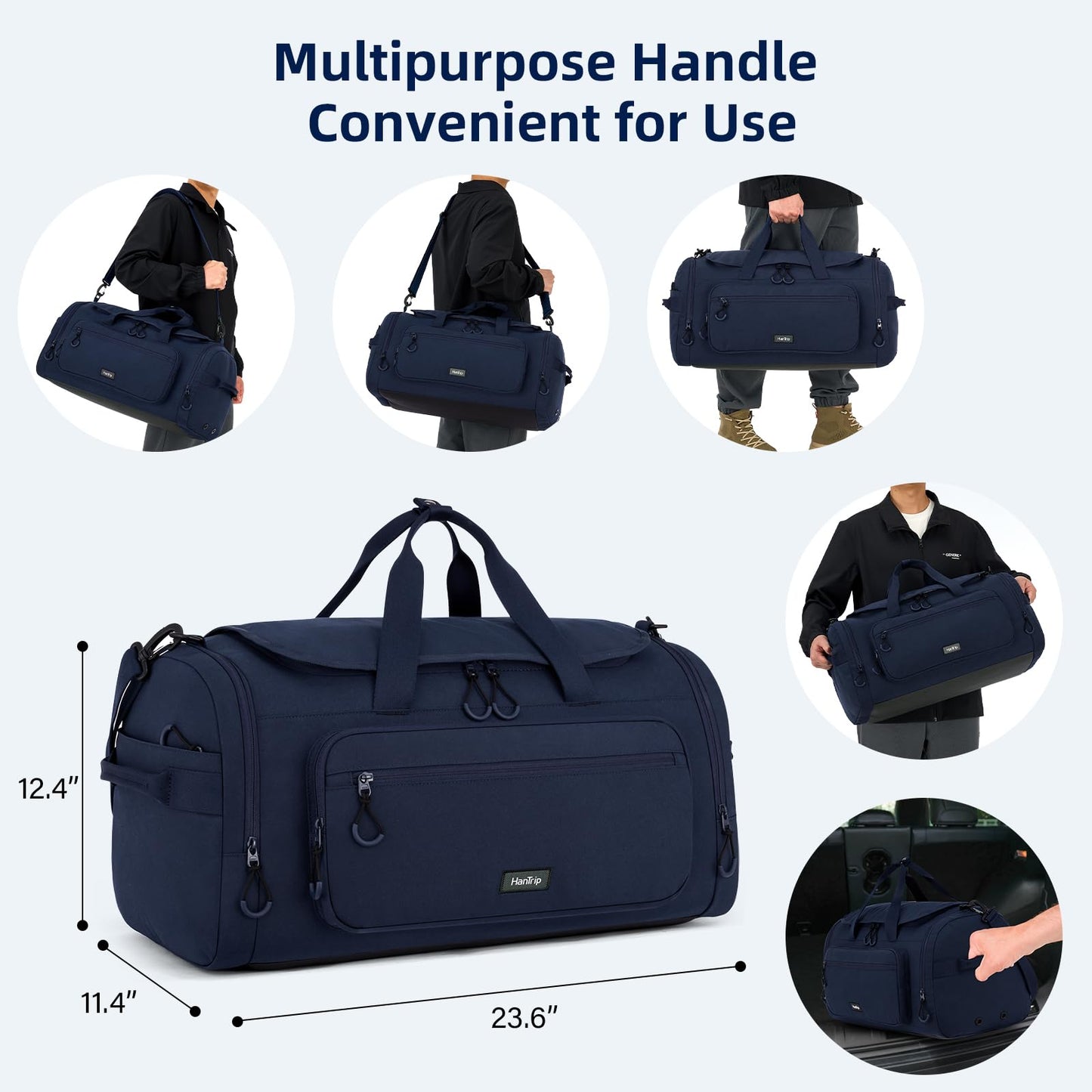 HanTrip Large Travel Duffle Gym Bag with Shoe Compartment, Underseat Carry On Luggage Overnight Weekender Personal Item Workout Bags for Women Men (Navy Blue)