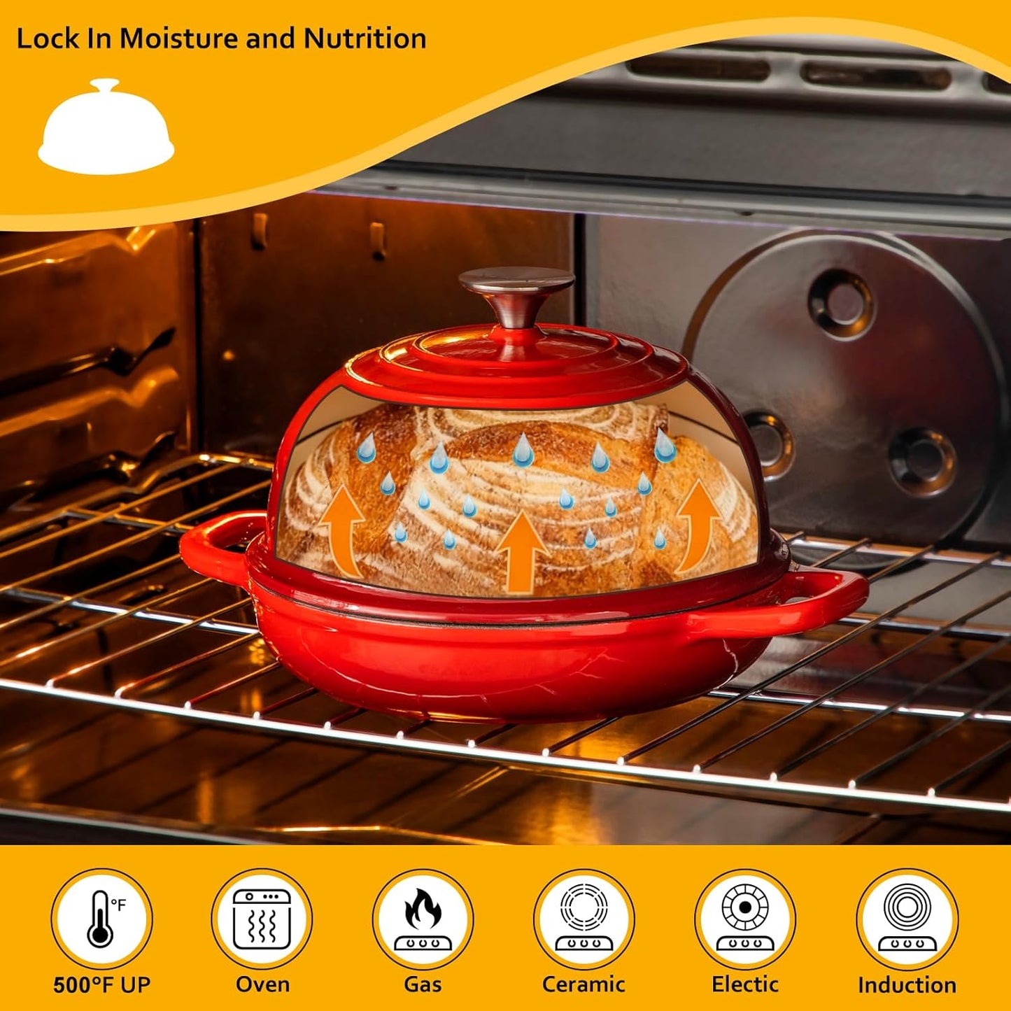 Velaze Enameled Cast Iron Dutch Oven - 5 QT Round Bread Pot with Dome Lid for Sourdough & Roasting (Red)