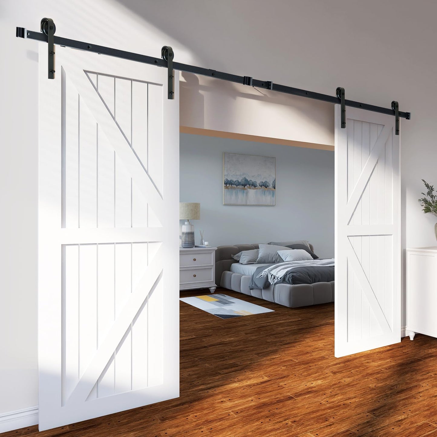 VEVOR 8FT Sliding Barn Door Hardware Kit - 330LBS Heavy Duty Double Door Track, Smooth & Silent Pulley System, Fits 2 Door Panels (3.7-4.3FT Total Wide, 1.3"-1.8" Thick)