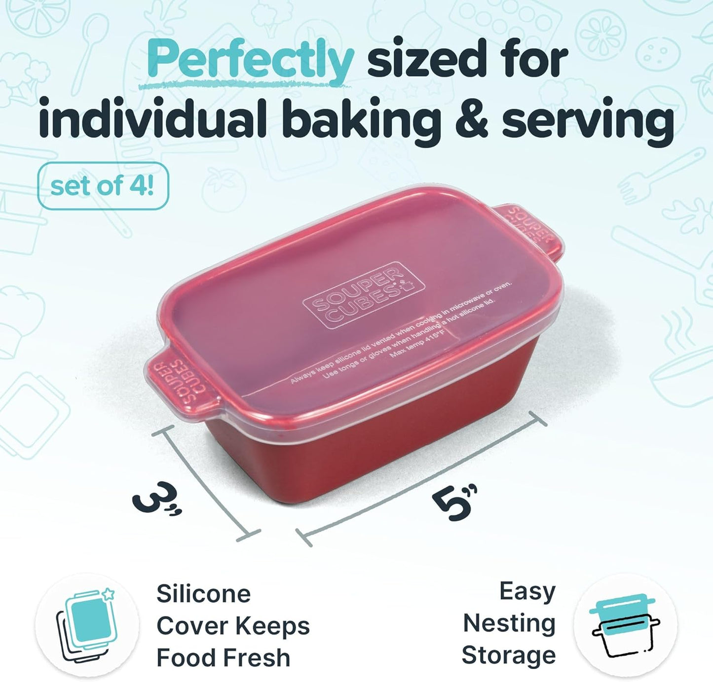 Souper Cubes Stoneware - Small 5" x 3" Ceramic Baking Dish Set with Silicone Covers | Perfect for Reheating Single Servings - Cranberry