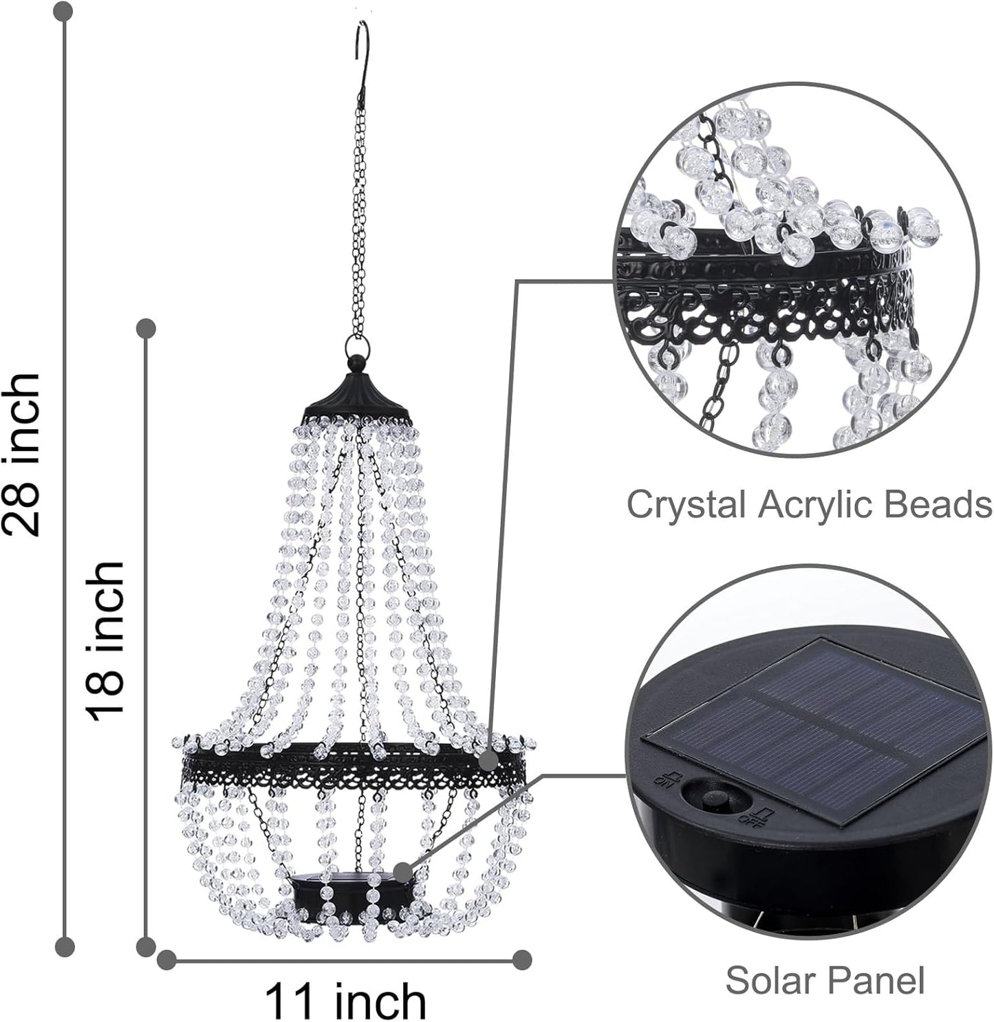 Skiennix Hanging Solar Lantern - 28” Modern Clear Crystal Acrylic Chandelier with 30 Warm White Lights for Garden & Patio Decor