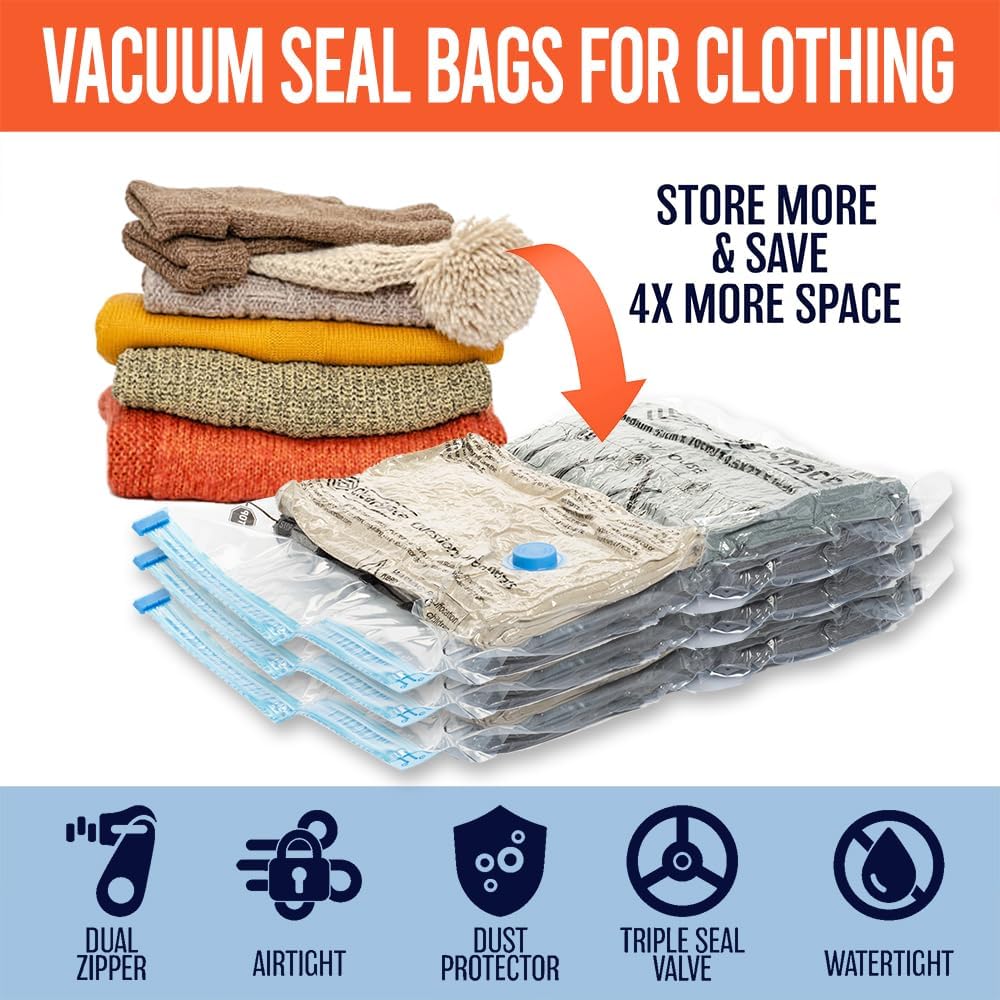 Skiennix Vacuum Seal Bags - Space-Saving Storage for Clothes & Blankets | 10 Small Bags with Hand Pump