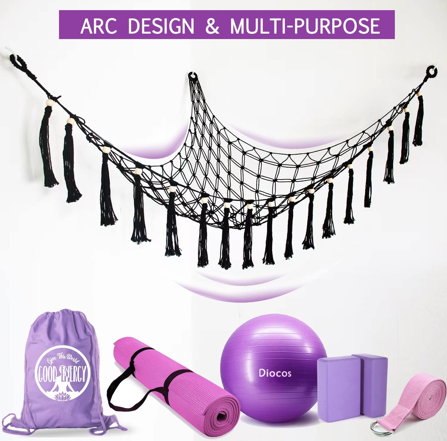 Diocos Exercise Ball Holder Wall Mounted Yoga Ball Rack Corner Hanging Net or Hammock for Fitness Ball,Balance Ball, Stability Ball Shelf for Yoga Studio and Gym