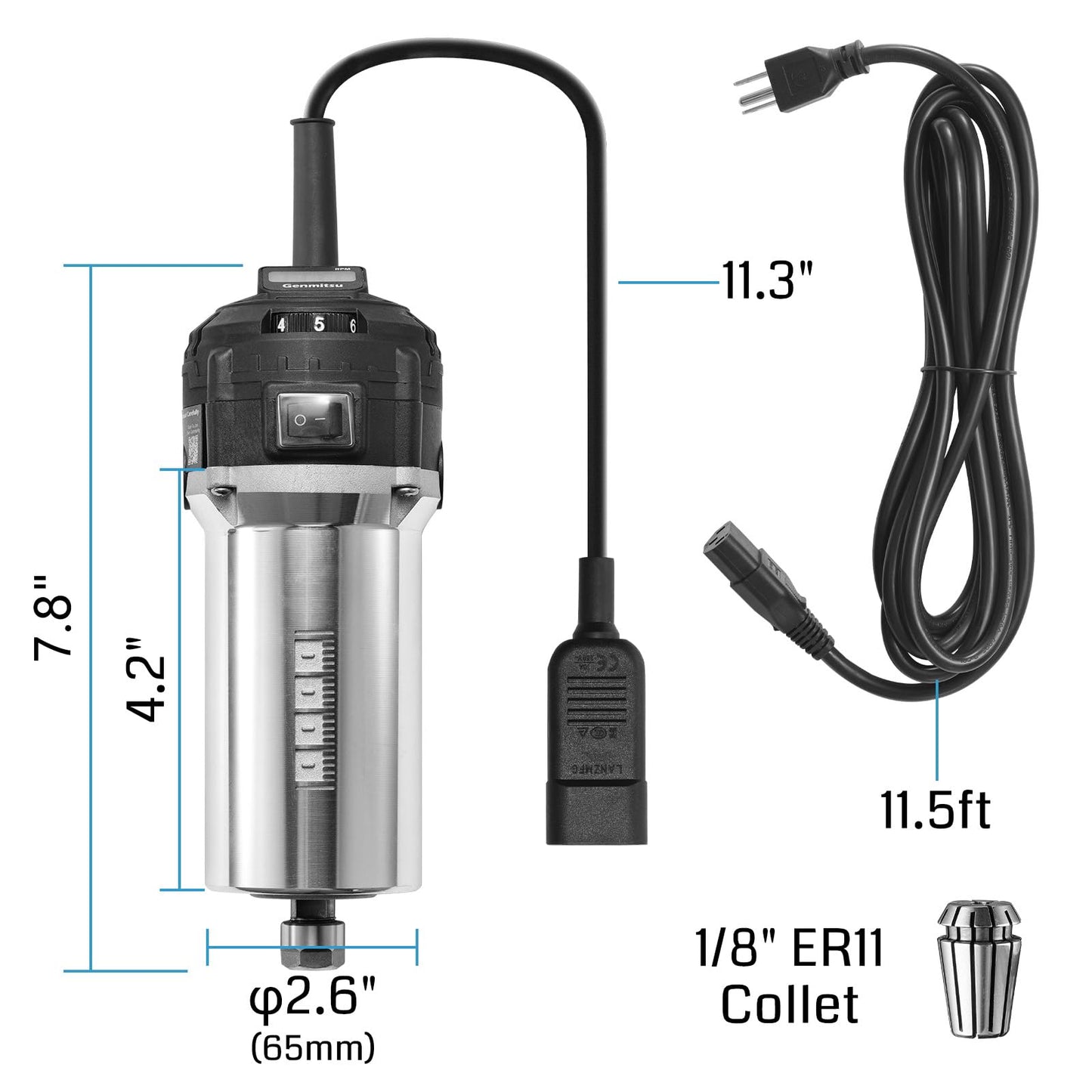 Genmitsu 710W CNC Compact Router 65mm Diameter, Spindle Motor with LCD Digital Display 6 Adjustable Speeds, 1/8” ER11 Collet, 4 Carbon Brushes, for CNC Milling Machine