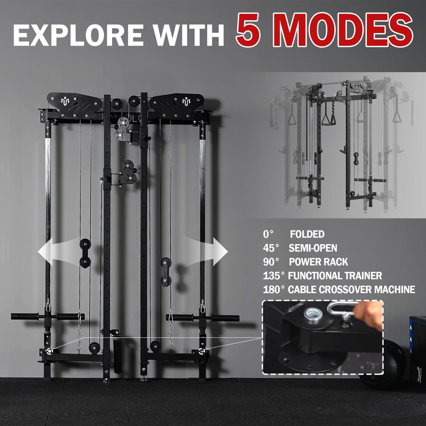 Mikolo Folding Squat Rack, Wall Mounted Power Rack with Cable Crossover Machine & LAT Pull Down, Functional Trainer with 5 Adjustable Function Modes, Upgraded Home Gym Package(Black)