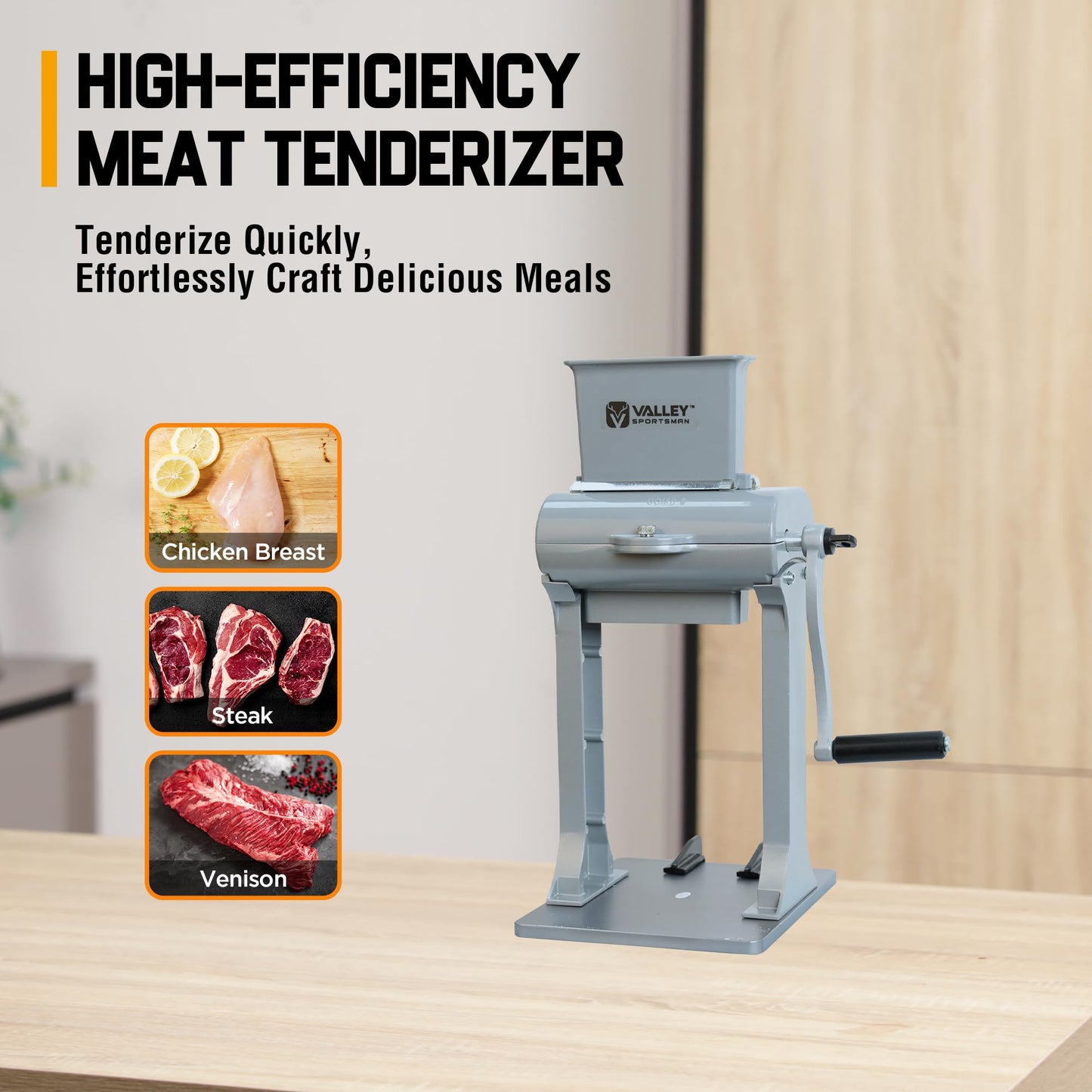 Valley Sportsman 2-in-1 Manual Meat Tenderizer, Jerky Slicer, 2 Sets of Stainless Steel Blades, Tenderizing Blades and Jerky Slicer Blades, for Beef and Chicken (Silver)