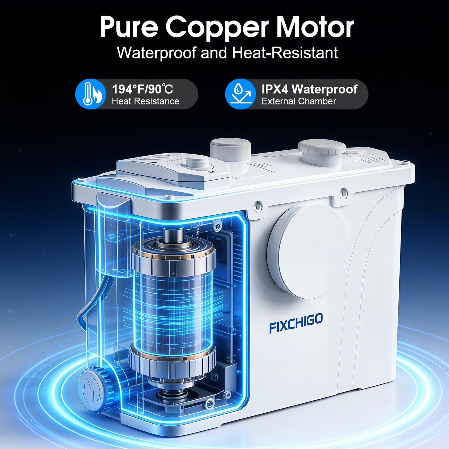 FIXCHIGO 800W Macerator Pump, Macerating Toilet System with 4 Inlets/1 Outlets, 48 GPM Flow, 29.5 FT Head, PCB Smart Control Sewage Pump for Basement, Sink, Toilet, Laundry, Kitchen