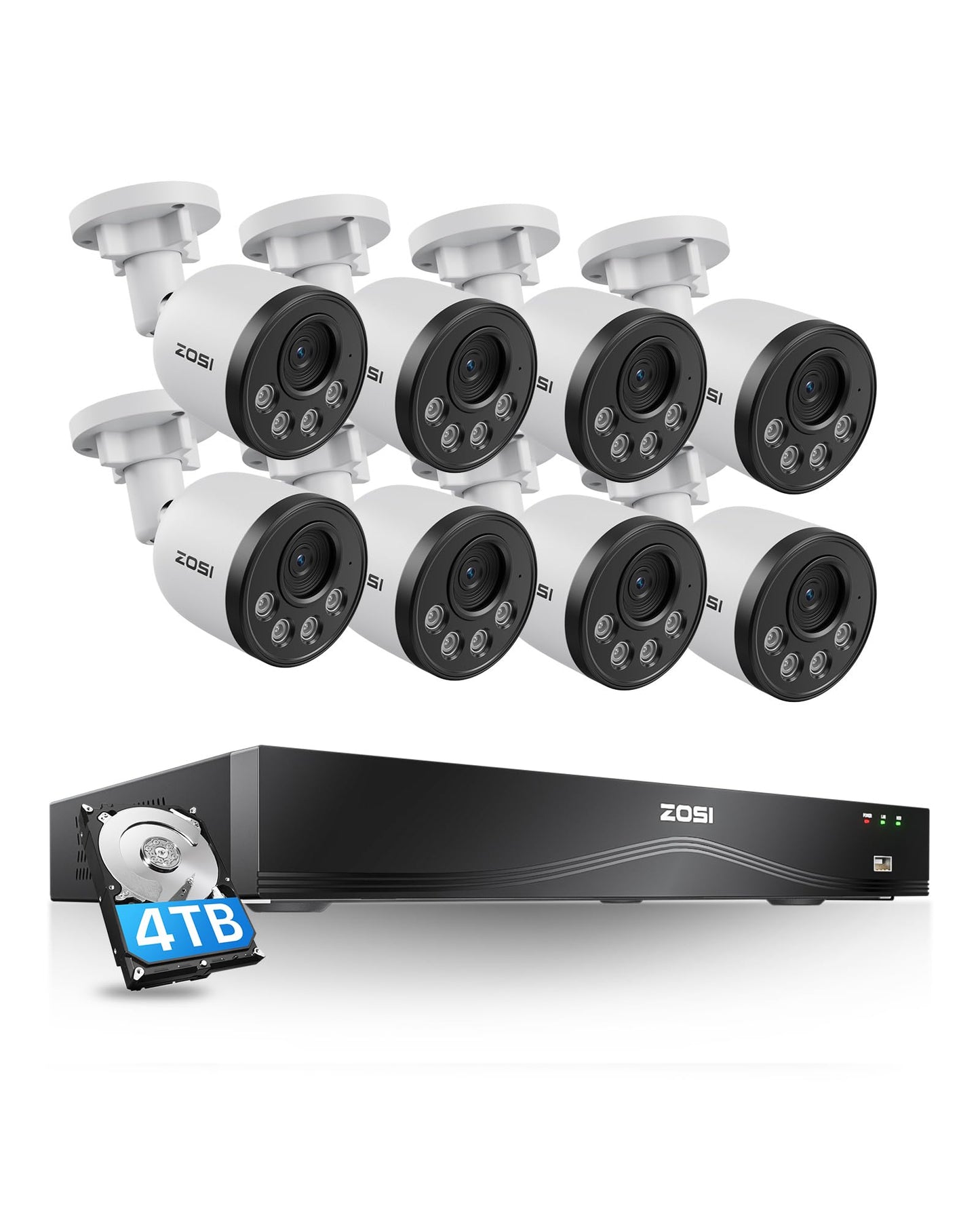 ZOSI 32CH 4K PoE Security Camera System, 8pcs 8MP Outdoor Metal Cameras with Audio, Person Vehicle Detection, People Counting, Night Vision, 16-Port 32-Channel NVR with 4TB HDD for 24/7 Recording