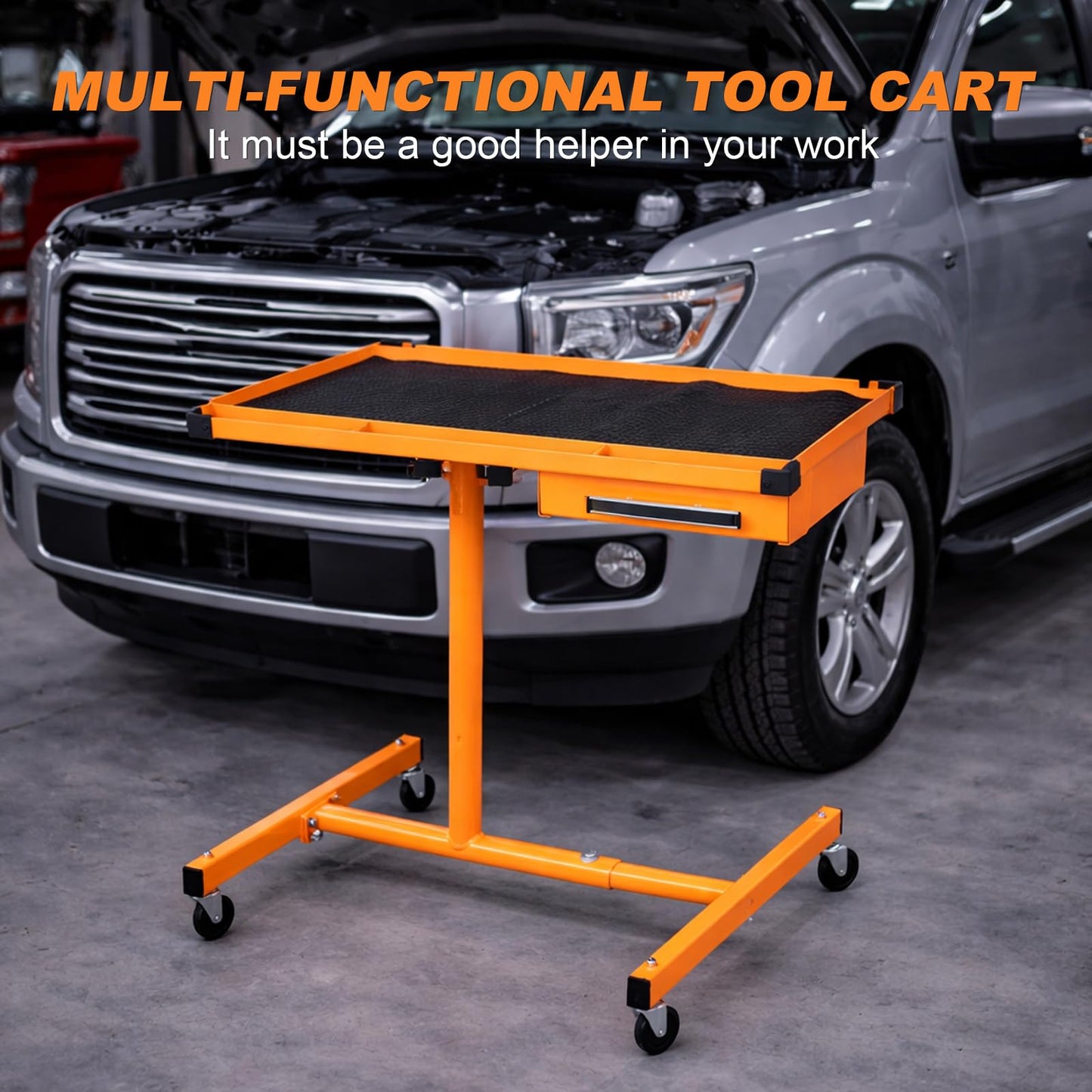 A A IN LT18 Heavy Duty Adjustable Work Table with Drawer for Mechanic,220lbs Capacity Rolling Tool Tray Table with Wheels Orange