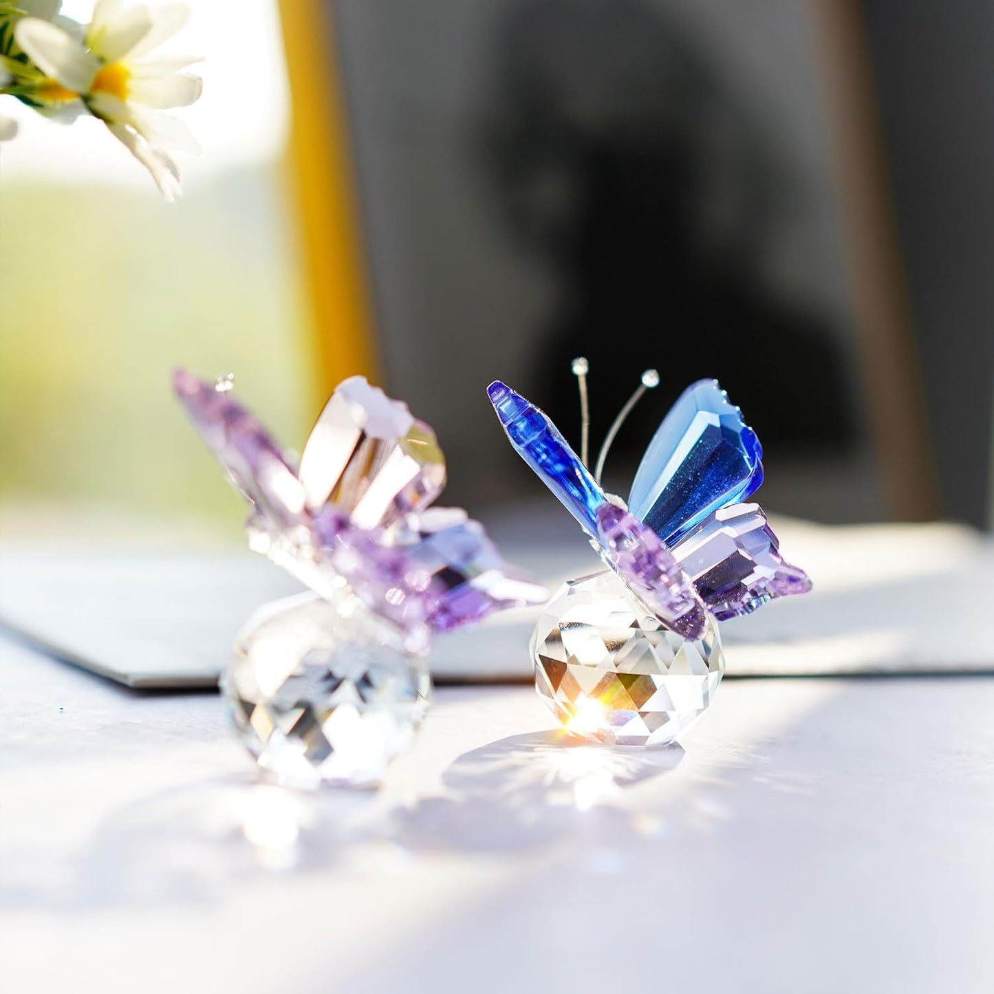 Skiennix Crystal Butterfly Figurines - Elegant Collectible Ornaments with Clear Ball Base | 2-Piece Set
