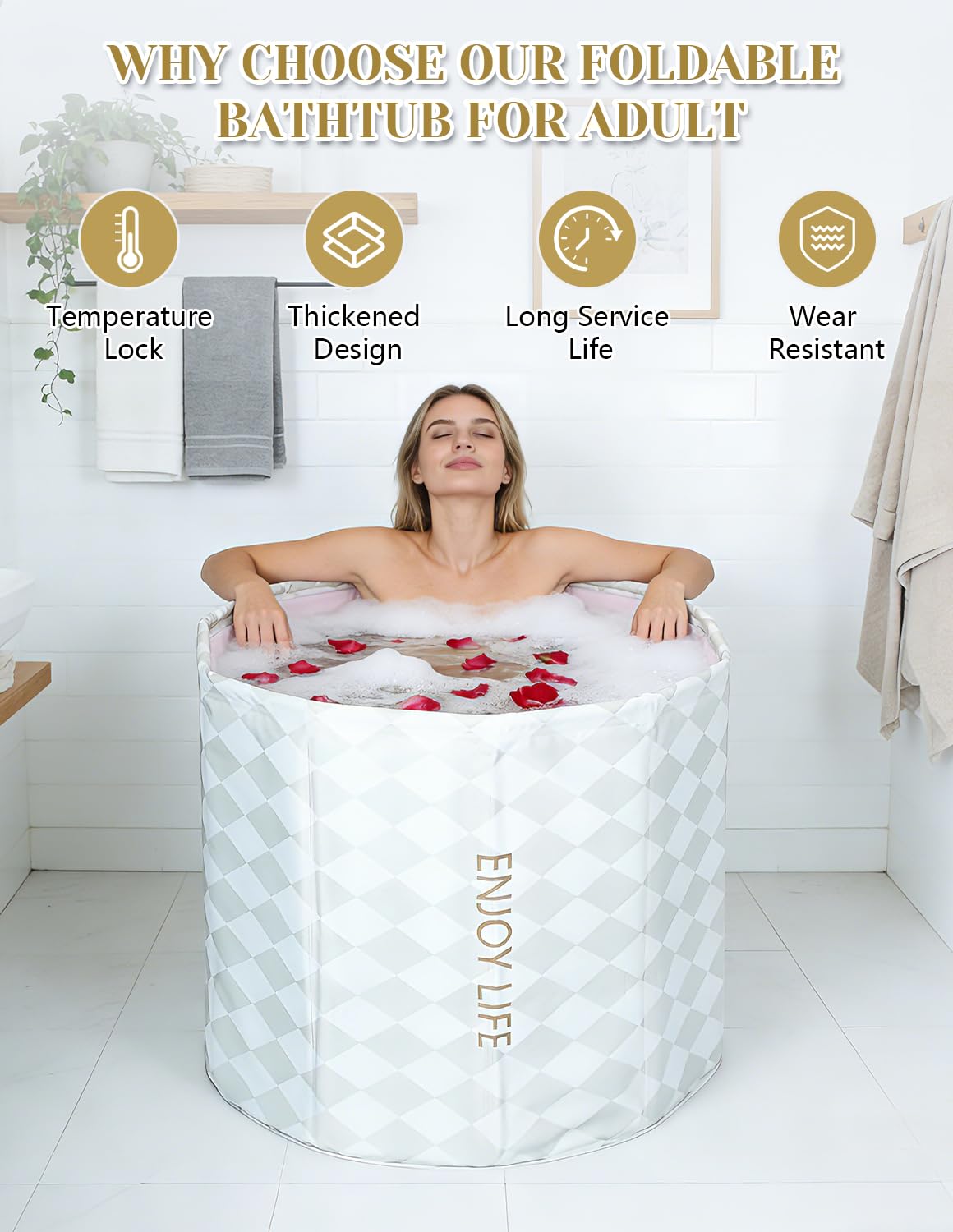 ALSKHEAS Portable Bathtub for Adults, Collapsible Freestanding Bathtub for Shower, Hot Ice Bath Tubs with Thickened Thermal Foam to Keep Temperature, PVC Outdoor Soaking Tub (Argyle)