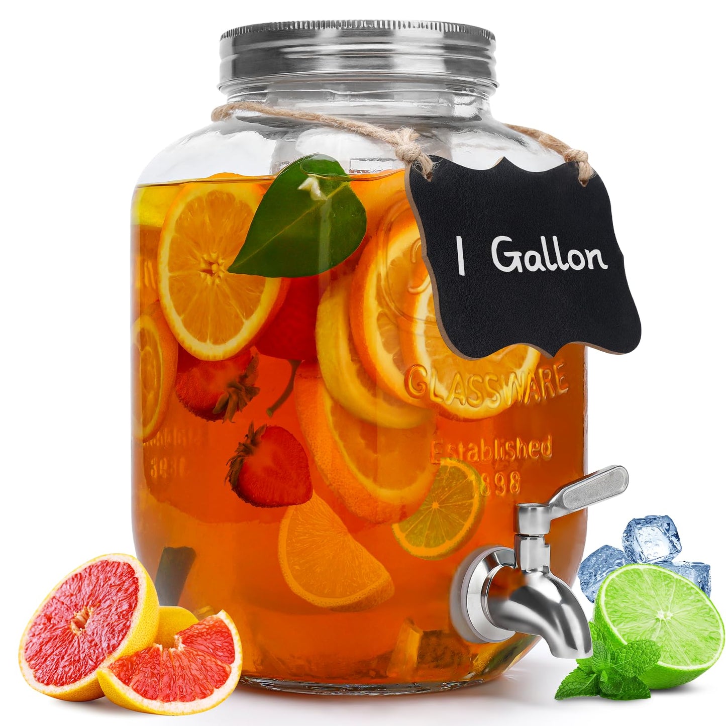 1 Gallon Glass Beverage Dispenser with Lid, Stainless Steel Spigot, Glass Drink Dispensers for Parties, Lemonade Dispenser With Ice Cylinder for Weddings, Party,Sun Tea Jar, Water Juice Dispensers