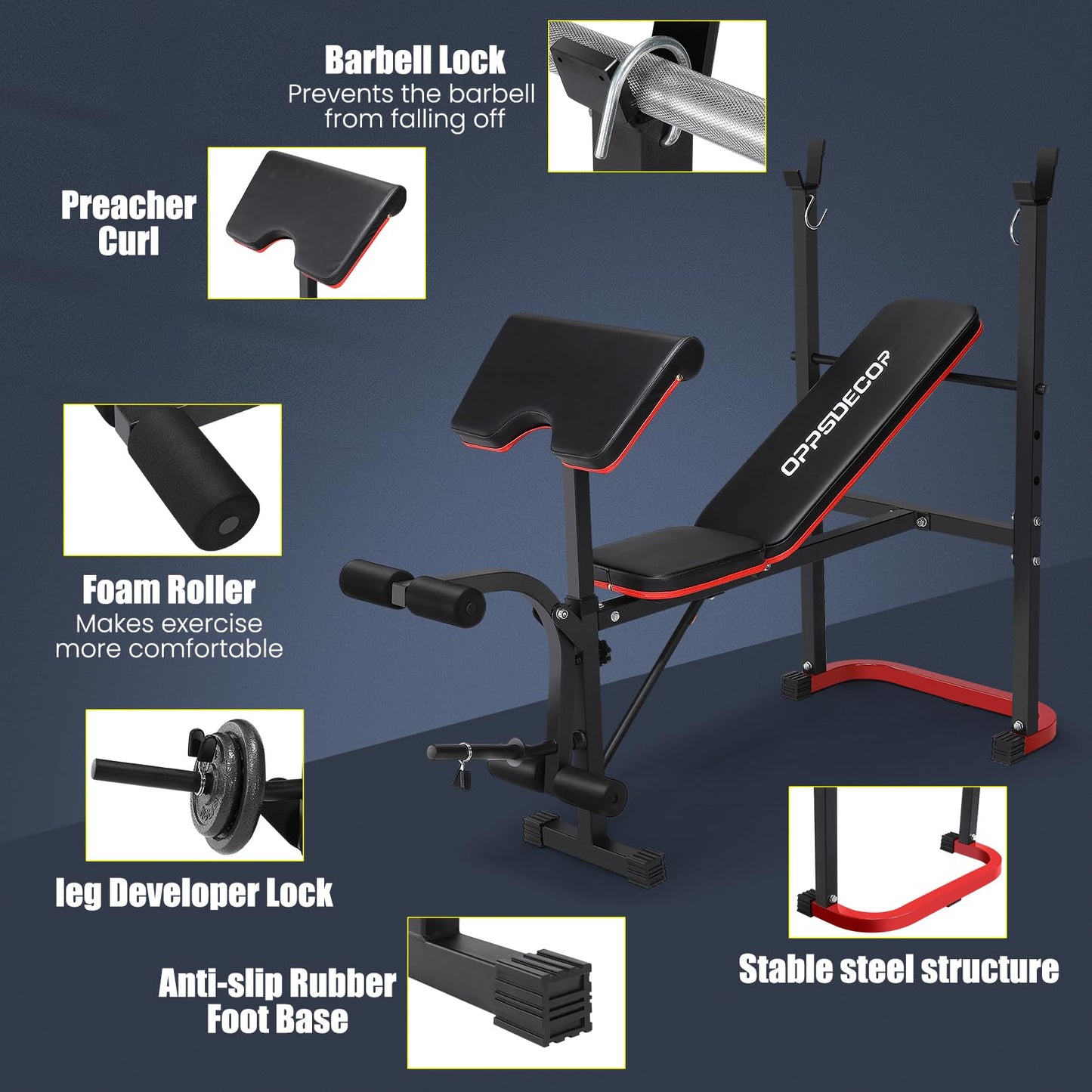 OPPSDECOR 661LBS Weight Bench Set, 8 in 1 Adjustable Bench Press with Squat Rack Leg Extension & Leg Curl Foldable Workout Bench with Safety Bar Catches Standard Weight Training Benches for Home Gym (Black)