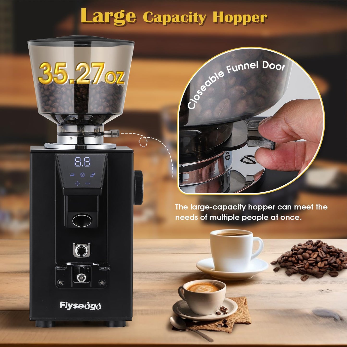 Flyseago Commercial Coffee Grinder Heavy Duty - 18 Precise Settings, 64mm SS Flat Burrs, Touch Control, 35oz Hopper for Business and Home Use, 400w