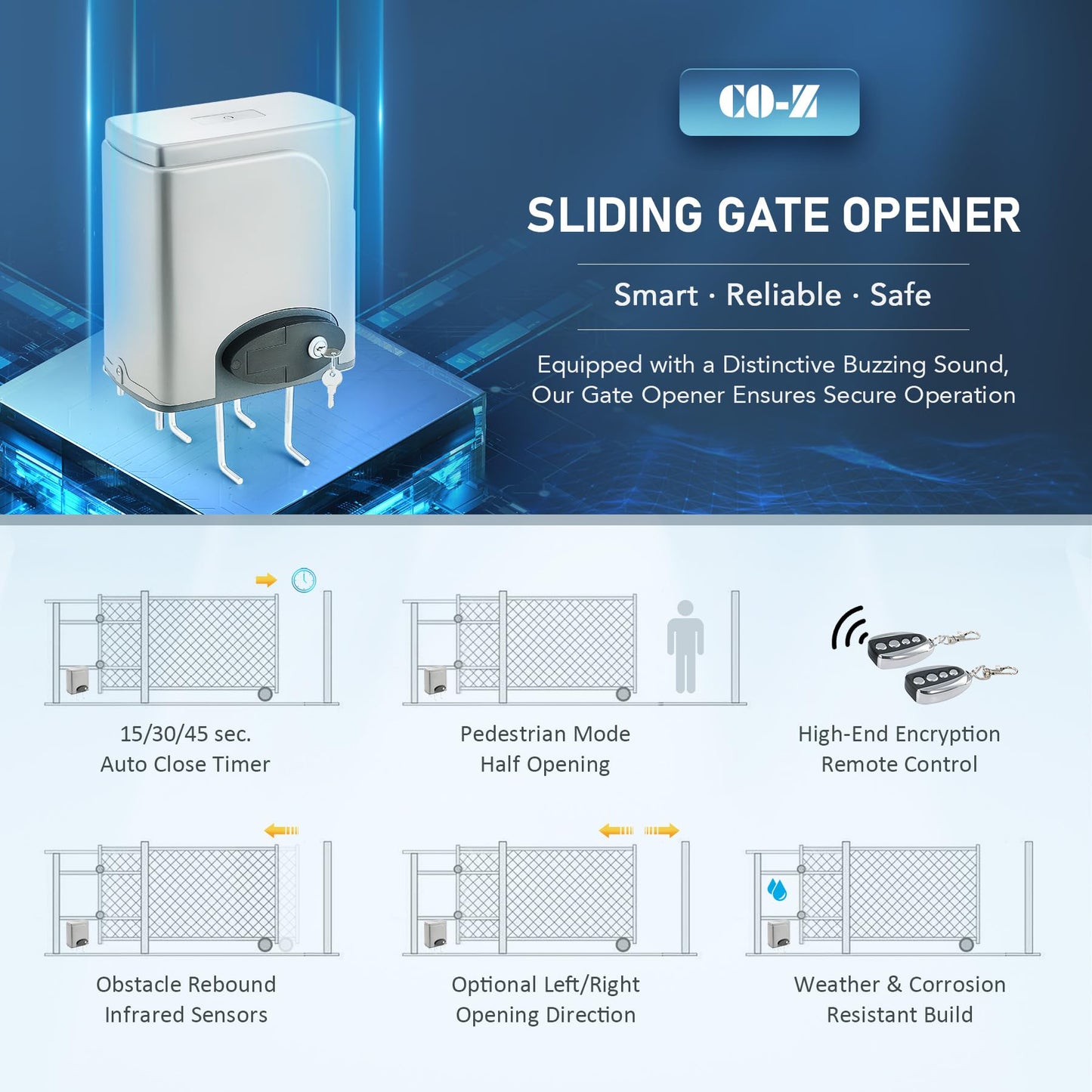 CO-Z 1400lb Rack Driven Sliding Gate Opener with Alarm System, 280W Automatic Gate Opener with Remote Controls, Electric Gate Motor for Gates up to 40ft, Complete Rack Gate Operator Kit for Driveways