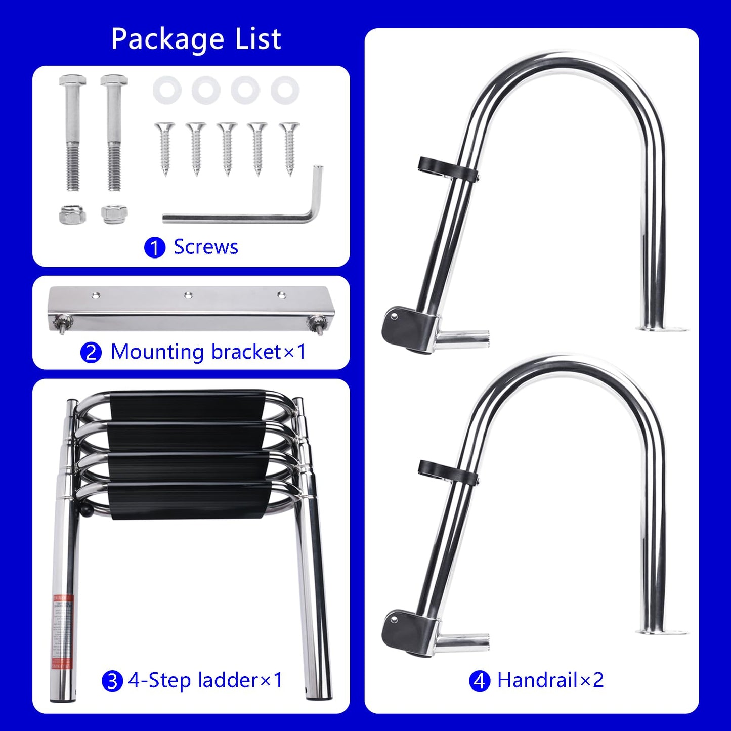 Heavy Duty Pontoon Boat Ladder, 316 Stainless Steel 4 Step Telescoping Folding Rear Entry Inboard Ladder All Welded Reinforce Dock Swim Deck Ladder with Wide Steps Strong Handrails