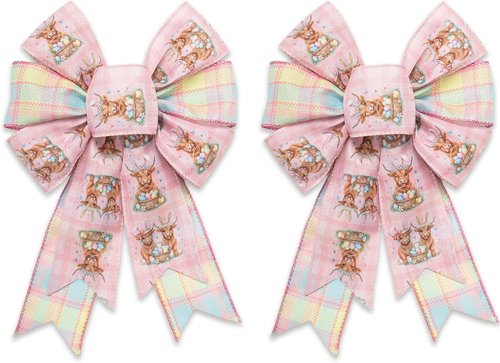 Hying Spring Highland Cattle Bows - Pink Buffalo Plaid Wreath Bows for Baby Showers & Farmhouse Decor