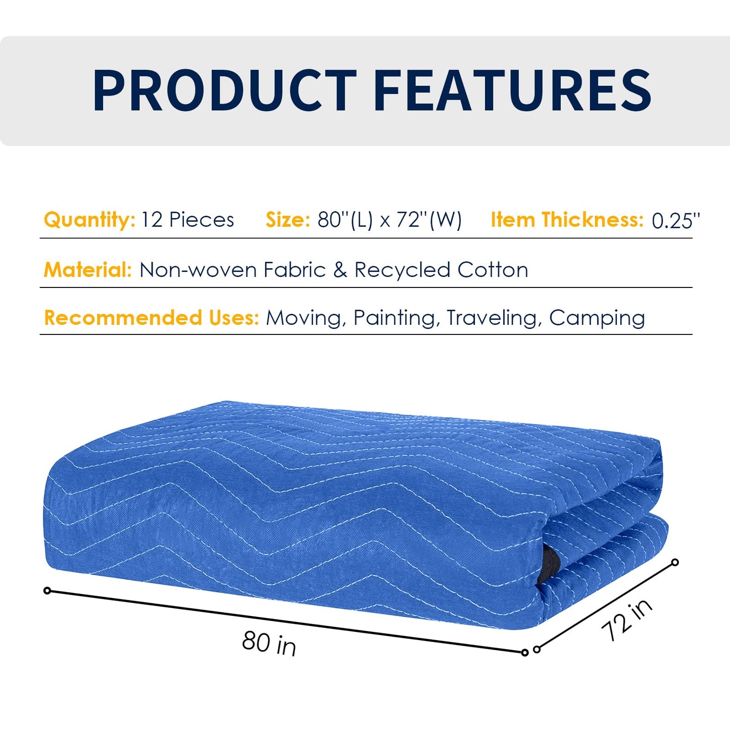 Moving Blankets 12 Packs, Extra Large 80"x72" Furniture Moving Pads, Reusable Packing Blankets, Professional Quilted Furniture Shipping & Storage Pads for Couch Desk Cabinet Appliances, Blue and Black