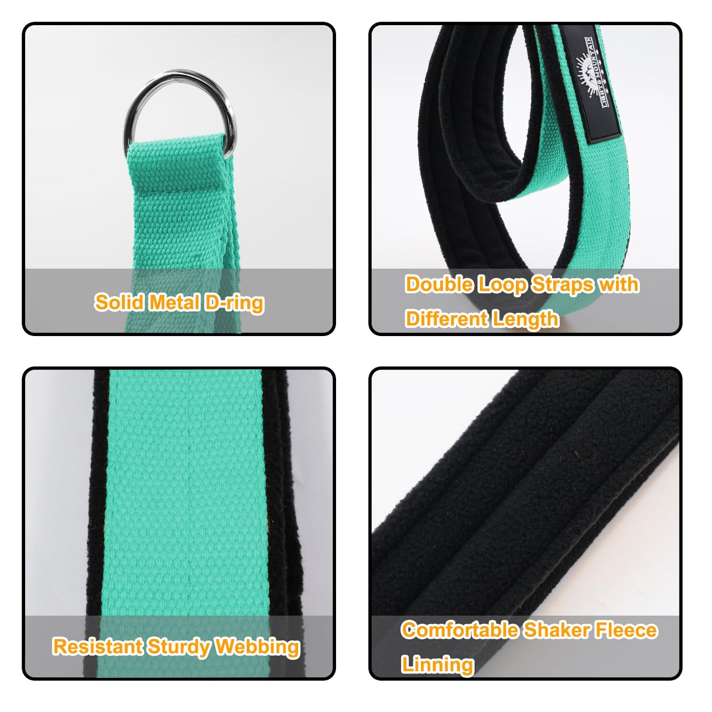 Lights Mountain Durable Pilates Double Loop D-Ring Straps - Padded Handles for Reformer, Yoga & Home Gym Workouts (lakegreen L)
