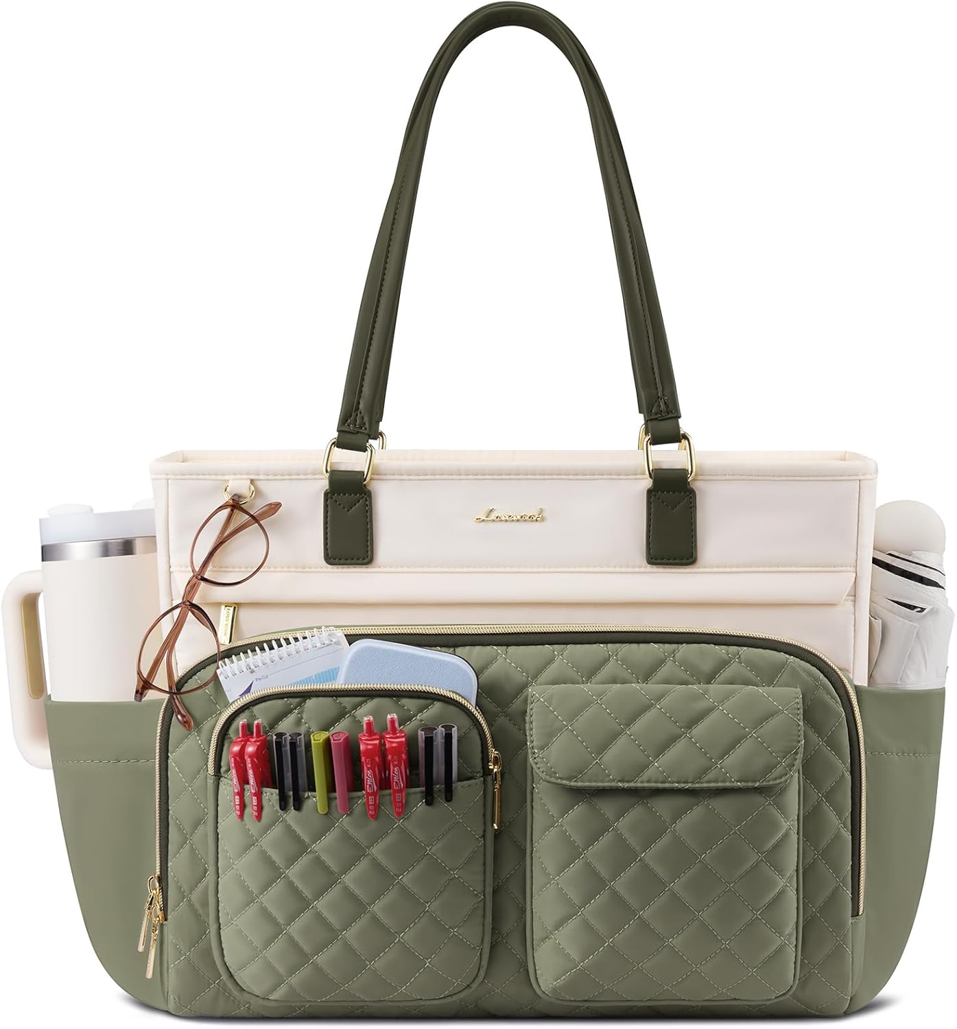 LOVEVOOK 15.6 Inch Tote Bag with Large Cup Holder, Work Tote Bags for Women, Large Capacity Teacher Tote with Multi