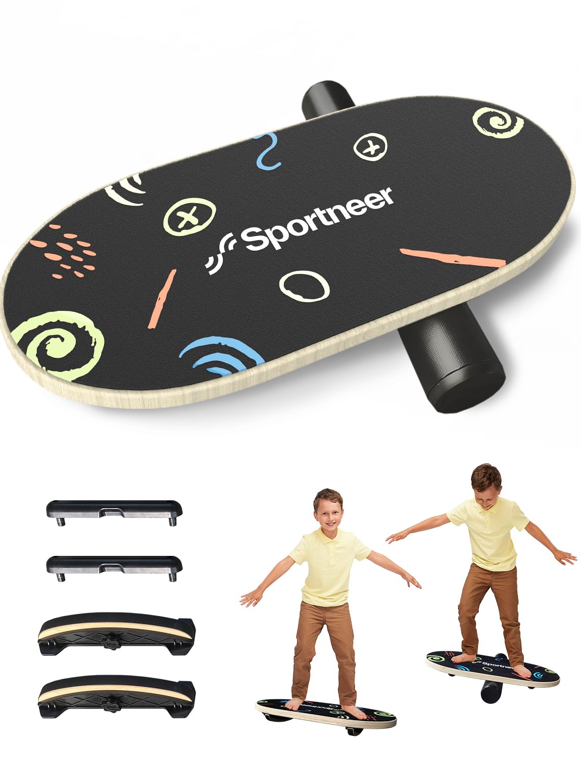 Sportneer Balance Board Kids Wooden Wobble Board for Kids, Safe and Sturdy Balance Trainer, Kids Balance Board for 3-5 6-12 (With Semi-circular Wobble Blocks)