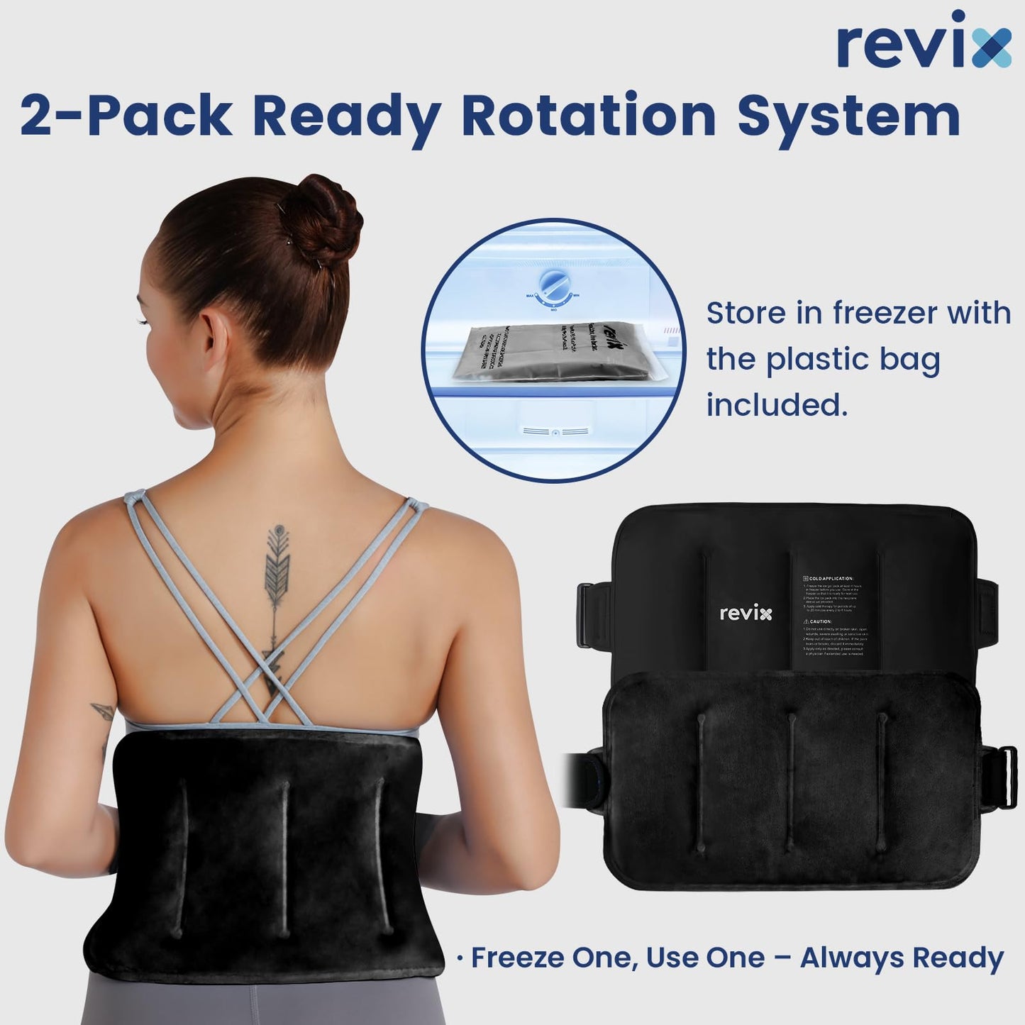 REVIX 16" × 9" Flexible Gel Ice Packs Reusable for Lower Back with Strap, Dual-Sided Soft Body Ice Wraps for Shoulder, Neck, Abdomen and Leg Relief, Black 2 Packs