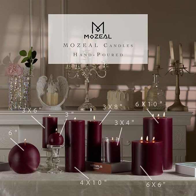 MOZEAL 3" x 4" Hand-Poured Unscented Burgundy Candle, Dripless Maroon/Dark Red Pillar Candle Set of 3, Long Clean Burning, Approx 72 Hours Burn Time, Rustic Country Style, Home Decor