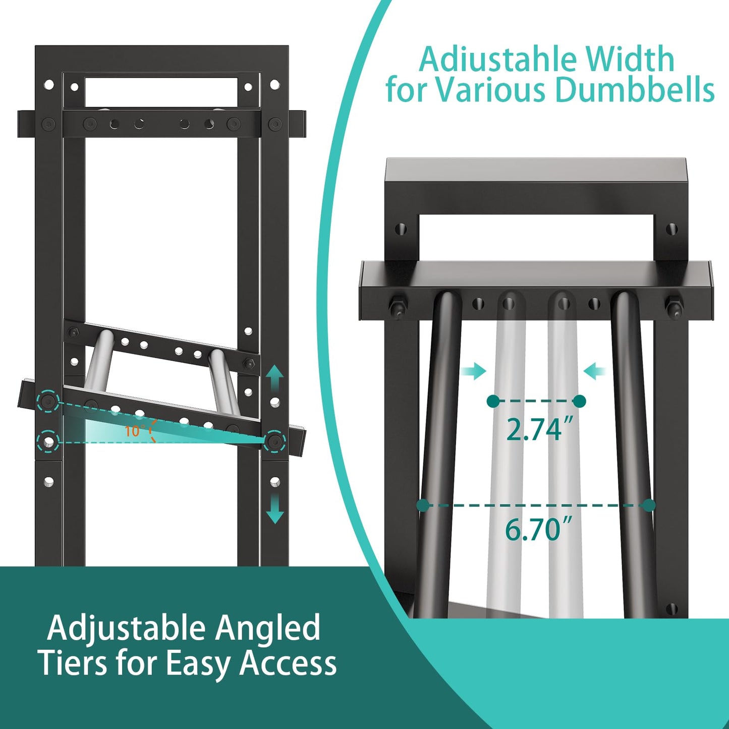 Kificet 3 Tier Adjustable Dumbbell Rack, 33.6-Inch Weight Rack for Home Gym, Extended Base kettlebell holder for Home Gym, Space-Saving Dumbbell Stand - 900LBS Capacity (Rack Only)