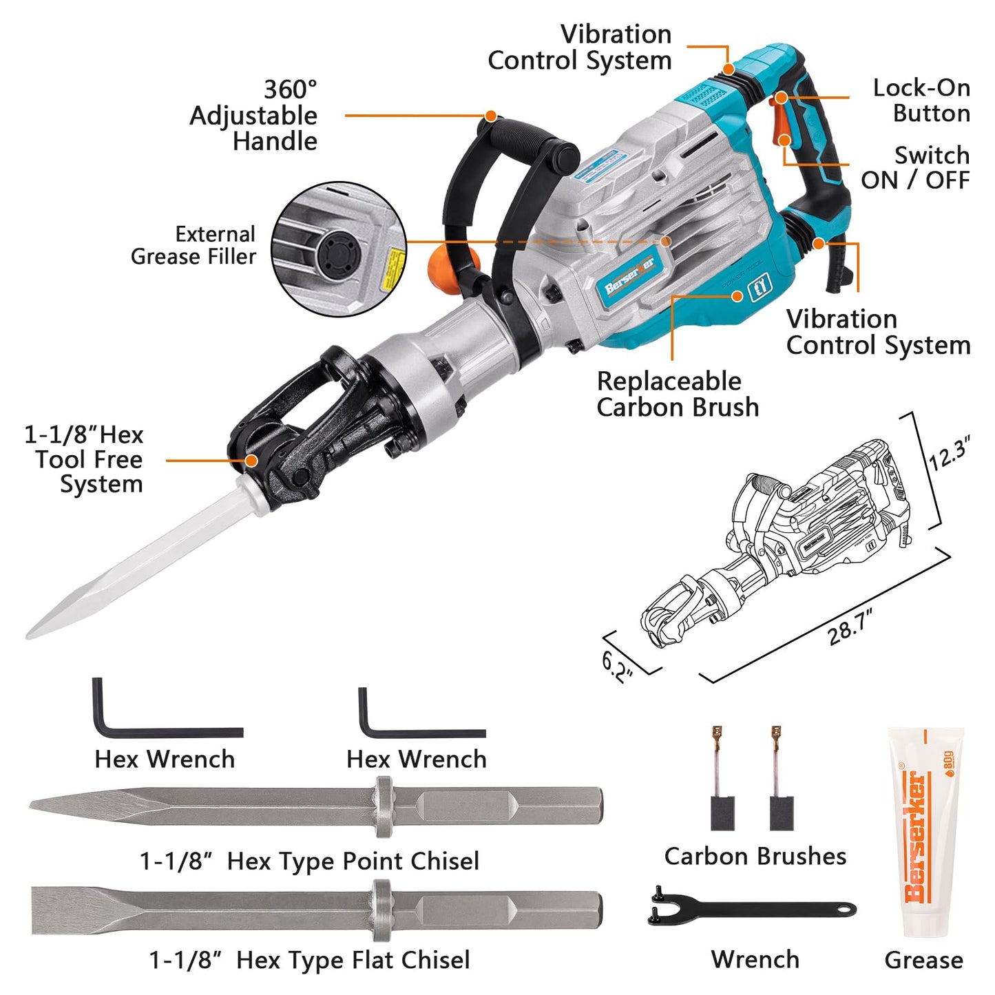 Berserker 1700W 40-Pound Demolition Jack Hammer with 1-1/8" Hex, 14.5-Amp Corded Electric Heavy Duty Demo Chipping Hammer Concrete/Pavement Breaker with Carrying Case Flat Chisel Bull Point Chisel