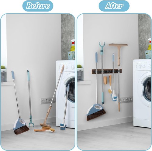 Brown Broom Holder Wall Mount - Heavy-Duty Wood Mop & Broom Organizer with 5 Slots & 4 Hooks | Rustic Tool Hanger for Laundry, Kitchen & Garage Storage