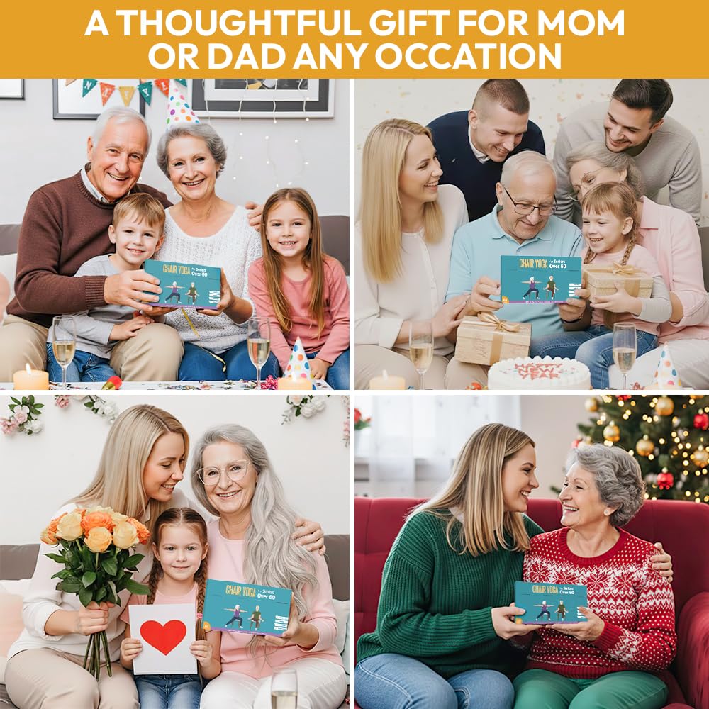 Chair Yoga for Seniors Over 60, Thoughtful Valentine Gifts for Mom, Dad, Grandparent, Safe & Easy Chair Yoga Exercise Cards for Strength, Relaxation & Recovery,