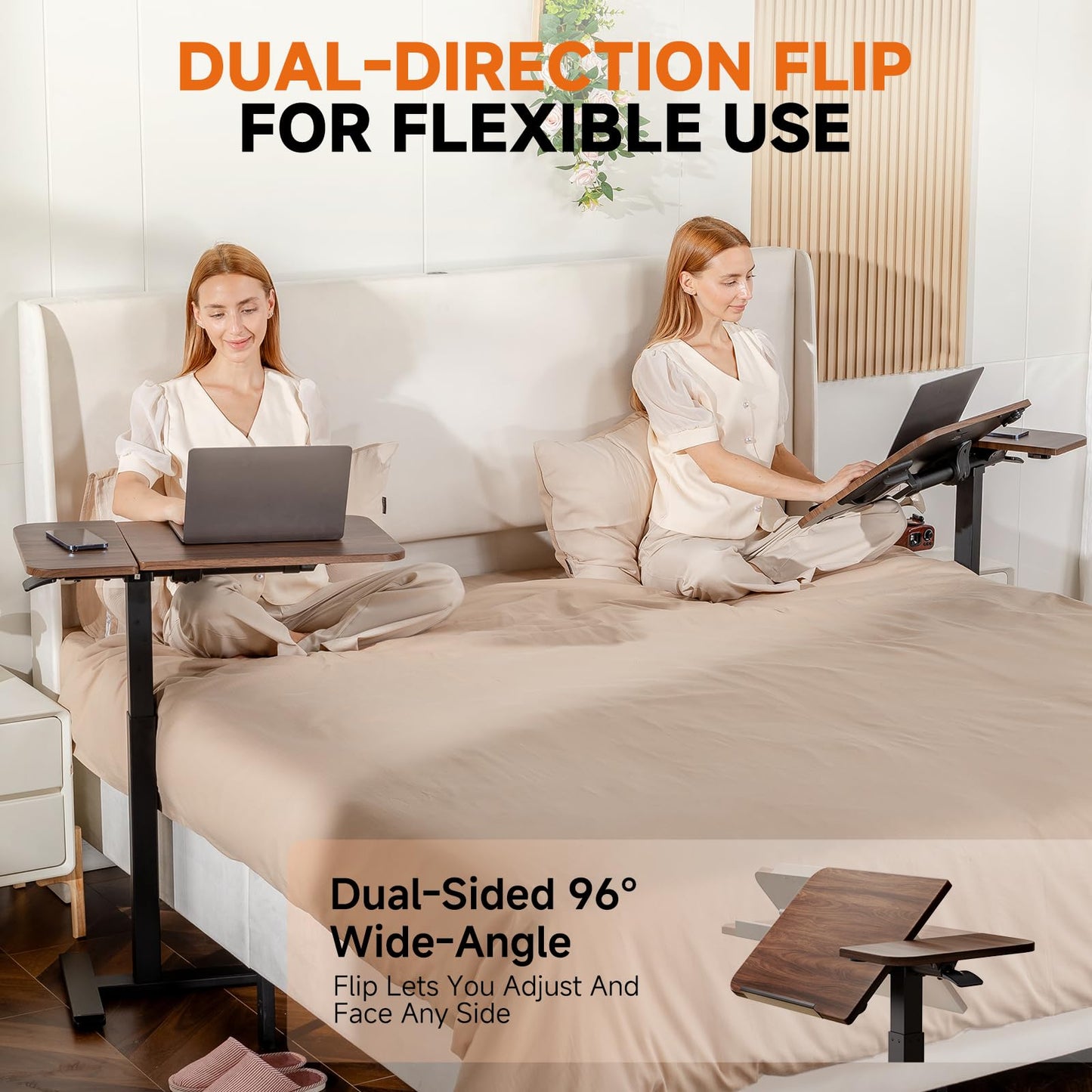 COMHOMA Tiltable Mobile Small Standing Desk, Pneumatic Adjustable Height Overbed Bedside Table with Wheels, Sit Stand Portable Rolling Laptop Desk Computer Workstations, Walnut