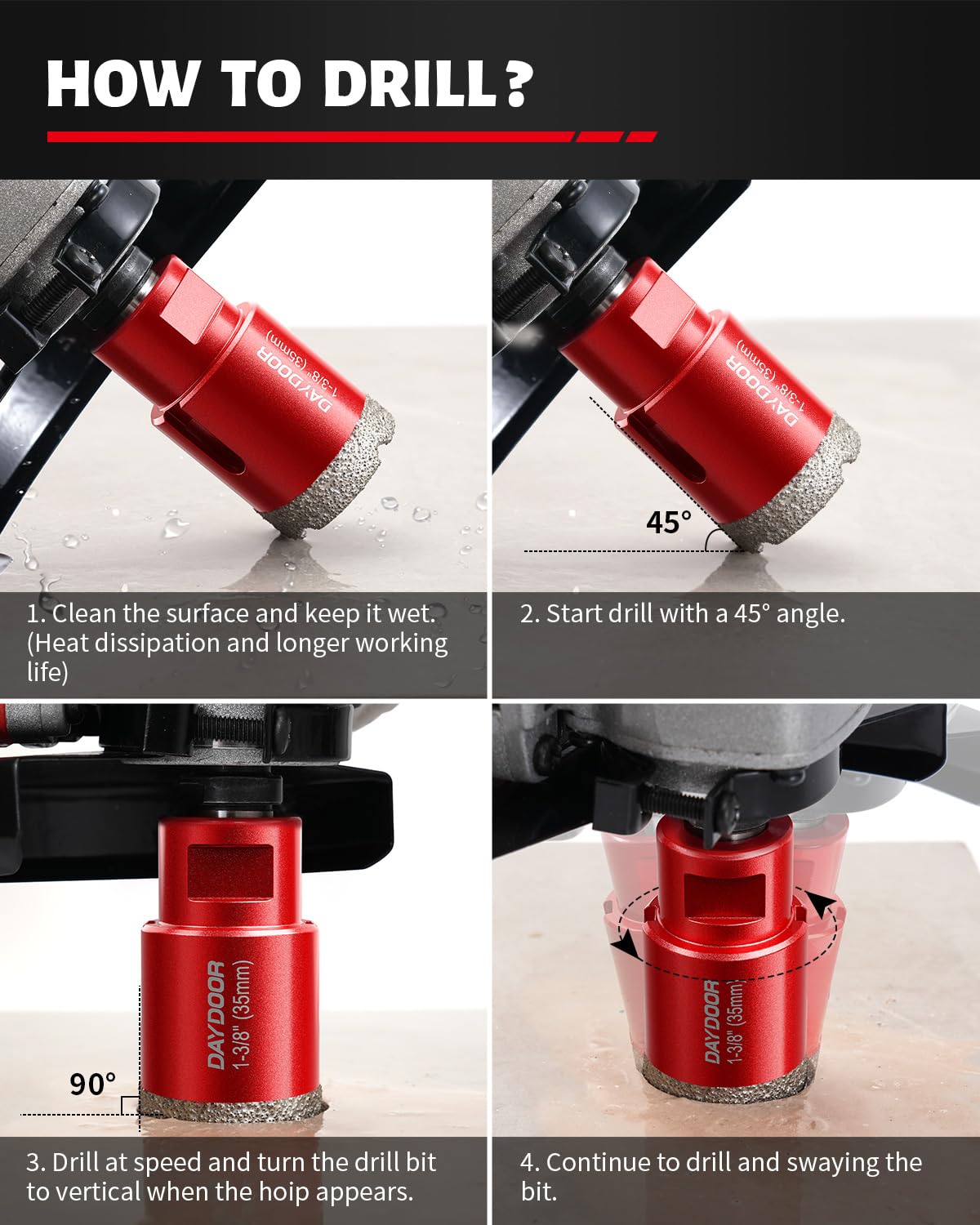 DAYDOOR Diamond Hole Saw Kit, 13-Piece Tile Hole Saw Kit 1/4" 5/16" 4/5" 1" 1-3/8" 2" 3" 4",Vacuum Brazed Core Drill Bits for Porcelain Tile, Granite, Marble, Stone(Red)