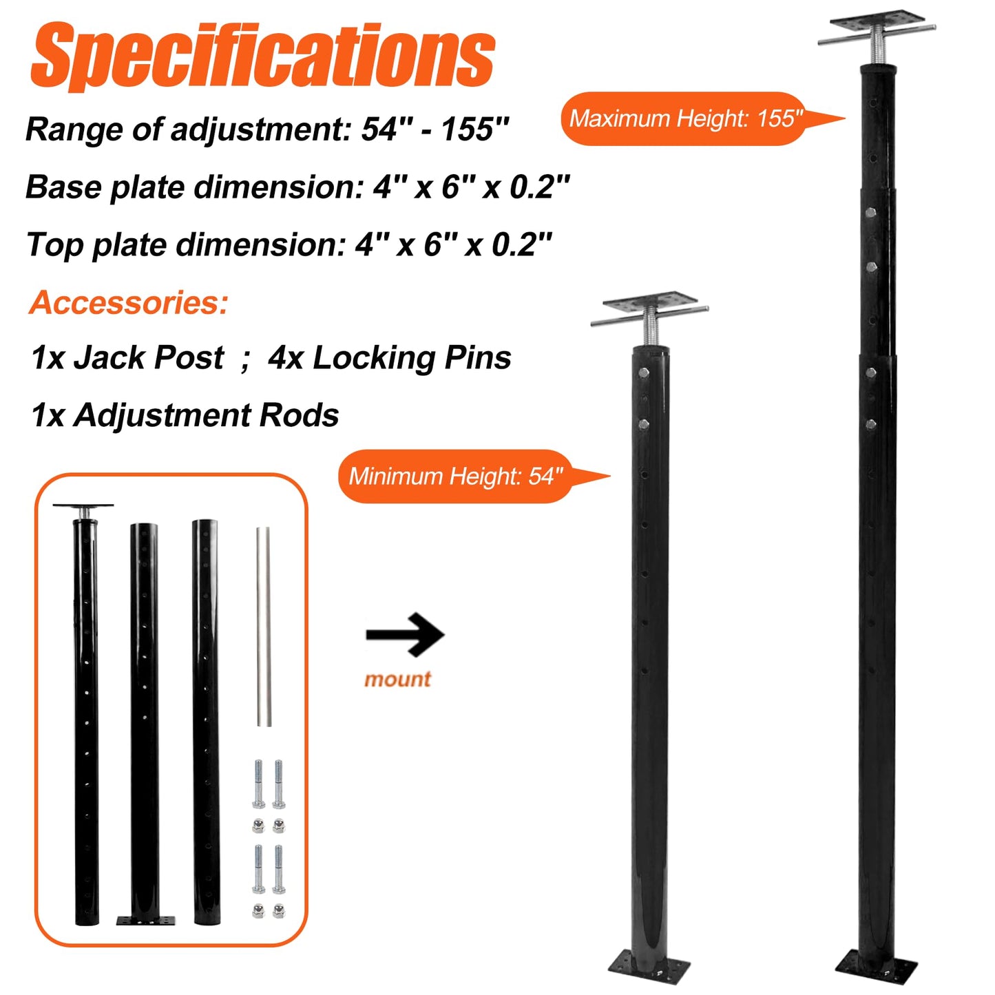 House Floor Jacks Post Pole for Leveling, 54"- 155" Height Range Lifting Shore House Jack Post, Adjustable Support Beam Basement House Jacks for Temporary Support, 18000 lbs Max Load Capacity