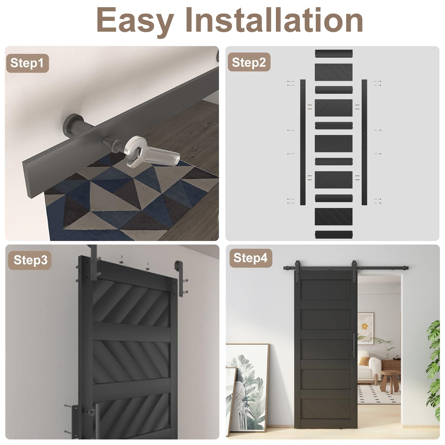 JUBEST 32" x 80" Barn Doors, Slding Barn Door Kit Wave Shape Door Panel with Hardware Kit Include, MDF Board & PVC Covered, Easy Installation, Black