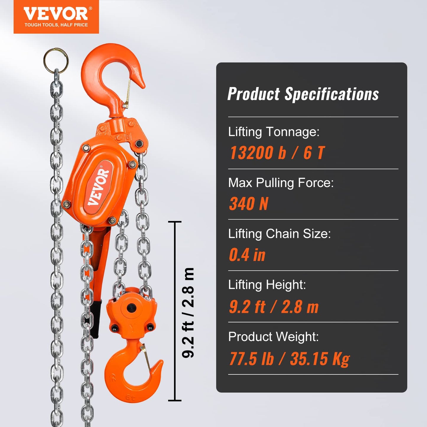 VEVOR Manual Lever Chain Hoist, 6 Ton 13200 lbs Capacity 10 FT Come Along, G80 Galvanized Carbon Steel with Weston Double-Pawl Brake, Auto Chain Leading & 360° Rotation Hook, for Garage Factory Dock