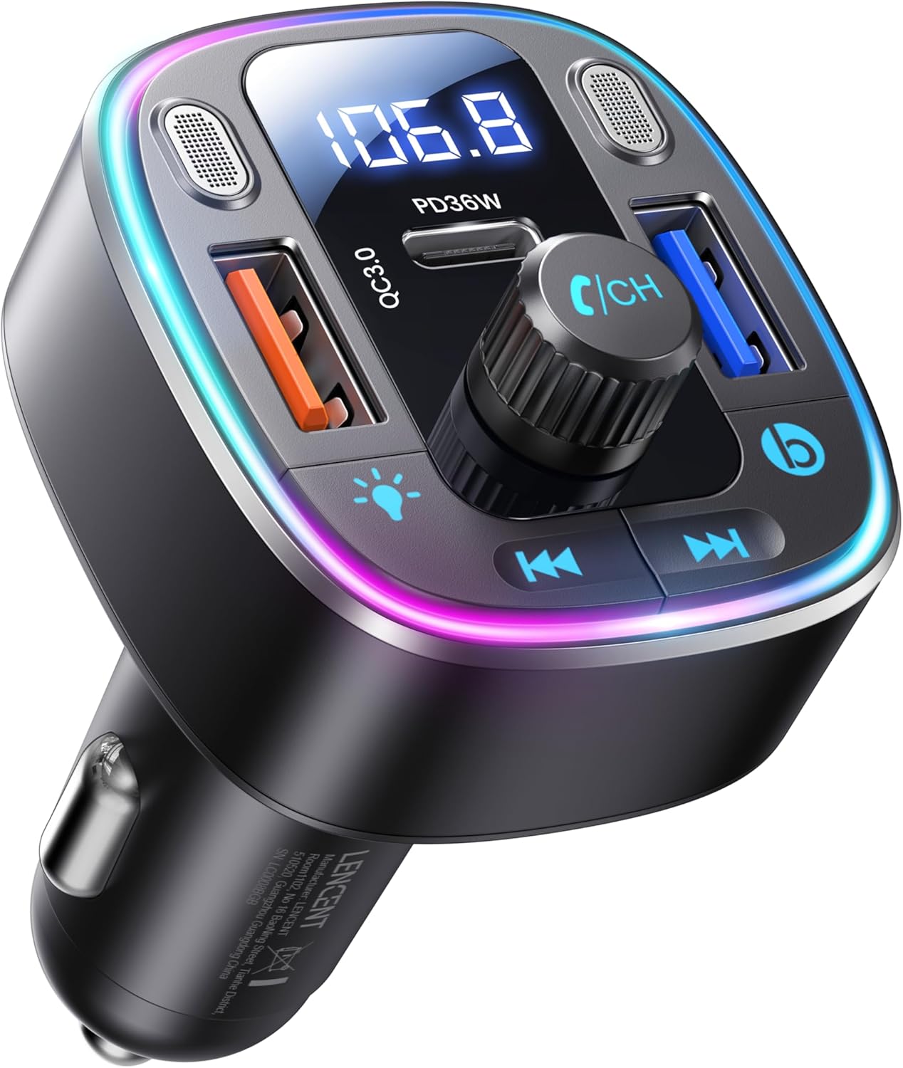 LENCENT 5.4 54W 2 Bluetooth Car Adapter FM Transmitter Fast Charging, Dual Mics, HiFi Bass Sound, Modes LED Backlit