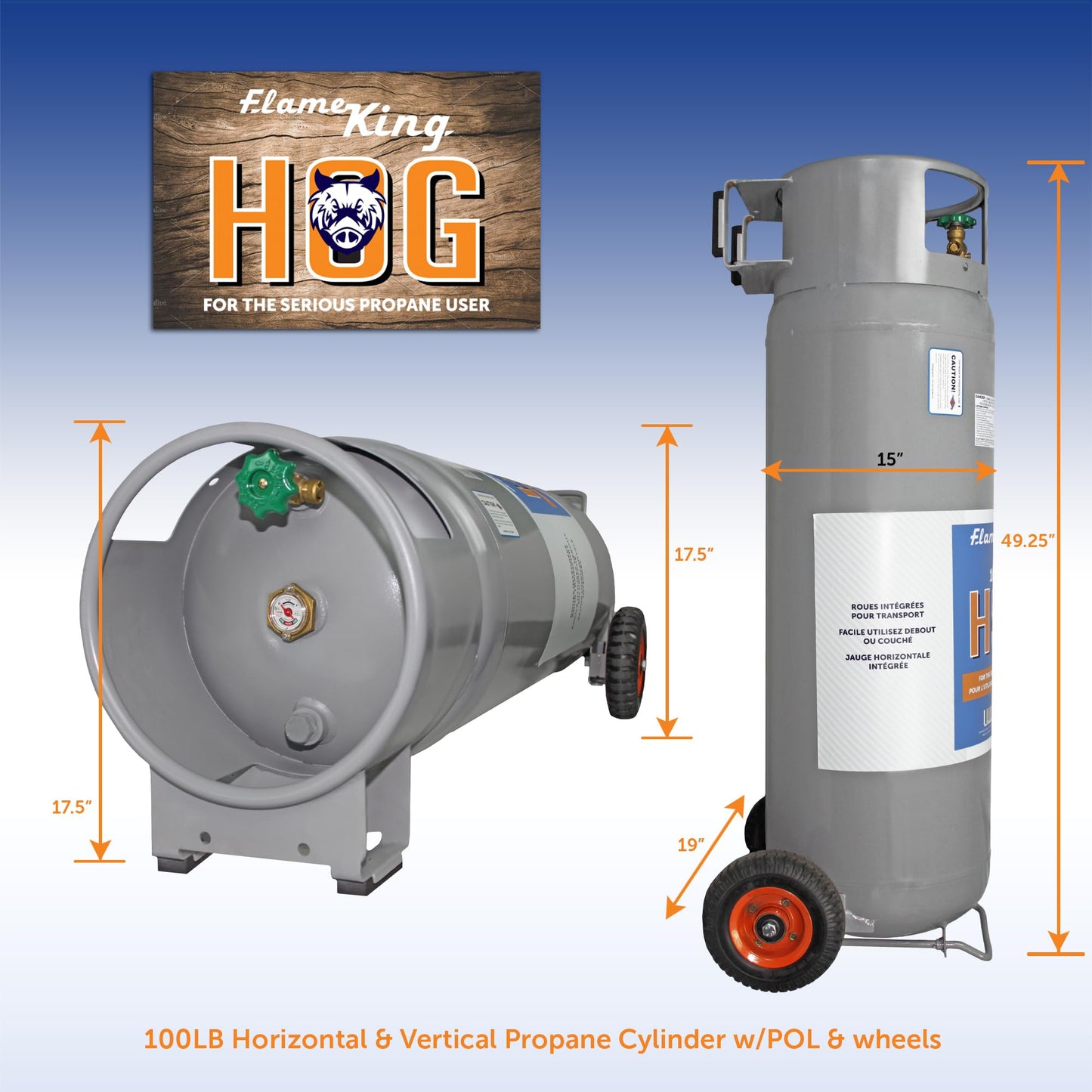 Flame King 100LB Empty Propane Tank with Wheels, Horizontal & Vertical LP Cylinder with Built-in Gauge for Fire Tables, Fire Pits, Patio Heaters, Barbeques, Lunch Trucks, Weed Torches & Truck Campers