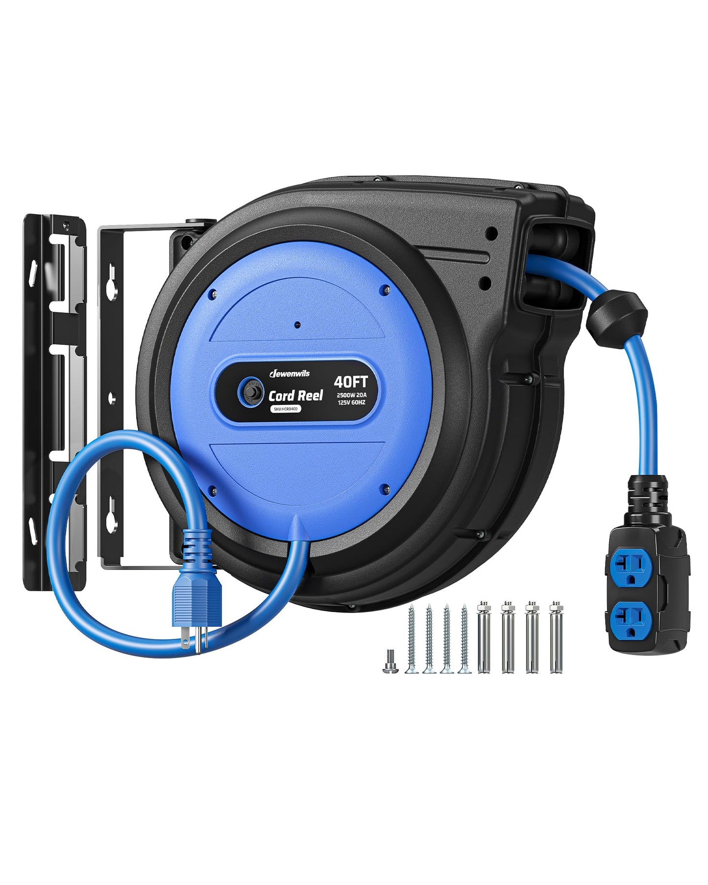 DEWENWILS 20 Amp Retractable Extension Cord Reel, 40FT 10AWG SJTOW Heavy Duty Extension Cord, Auto-Rewind No-Tangle, Circuit Breaker, 4 Outlets for Garage Shop, 2500W, Blue