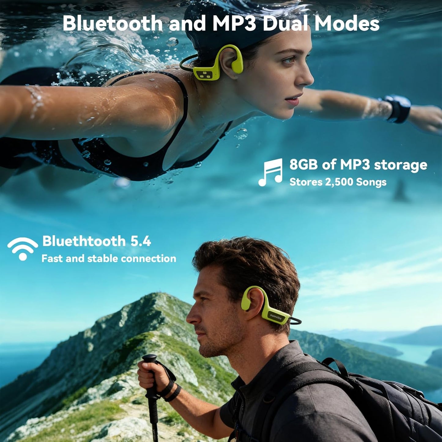 Swimming IPX8 MP3 5.4 Swimming, sunvito Bone Conduction Headphones, Waterproof Open-Ear Sports Headphones with Built