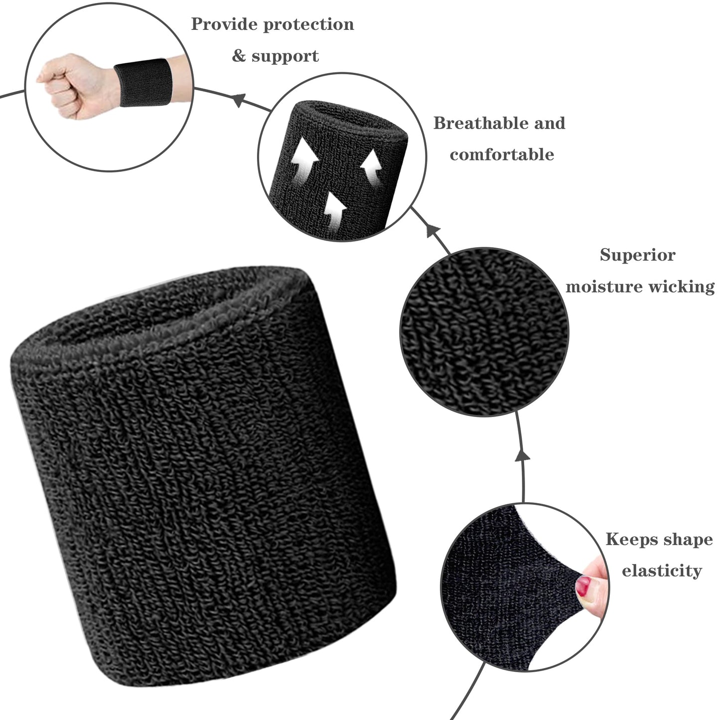 IMAGERIO 8 Pack Wrist Sweatbands Tennis Wrist Bands Absorbent Sweat Band for Men and Women, Breathable Cotton Sweatbands for Working Out, Football, Basketball, Running Athletic Sports -Black