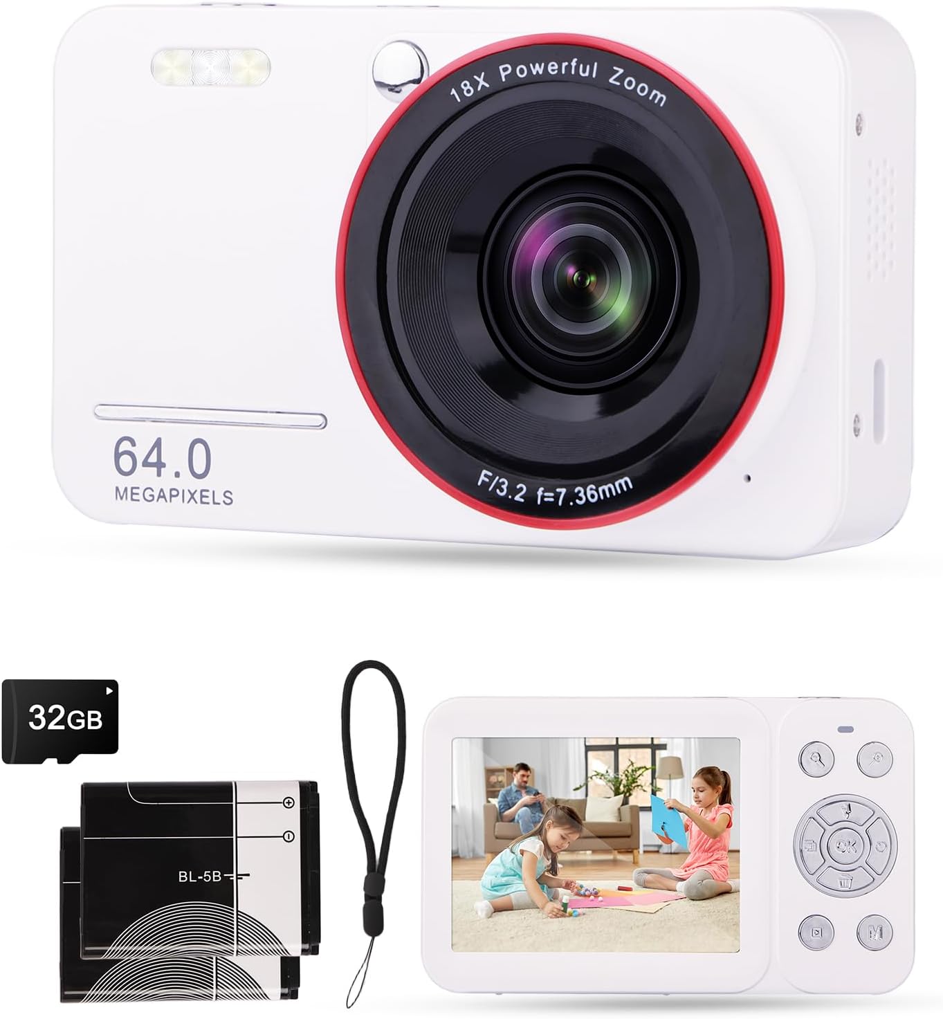 VisionX 4K 7-12, 64MP 32GB 18X 2 Digital Camera for Kids Ages Point and Shoot Digital Camera for Vlogging with SD Card