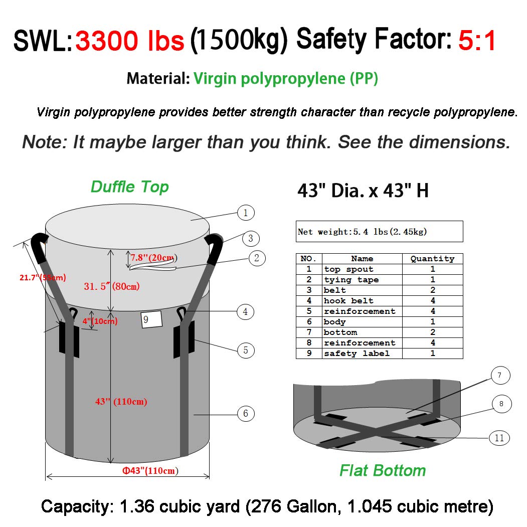 Secbolt Pack of 1 Heavy Duty FIBC Bulk Ton Bag, Anti-UV 3 Years, 3300lbs SWL, 43" Dia. x 43" H Tubular Duffle Top Flat Bottom Woven Polypropylene Bags