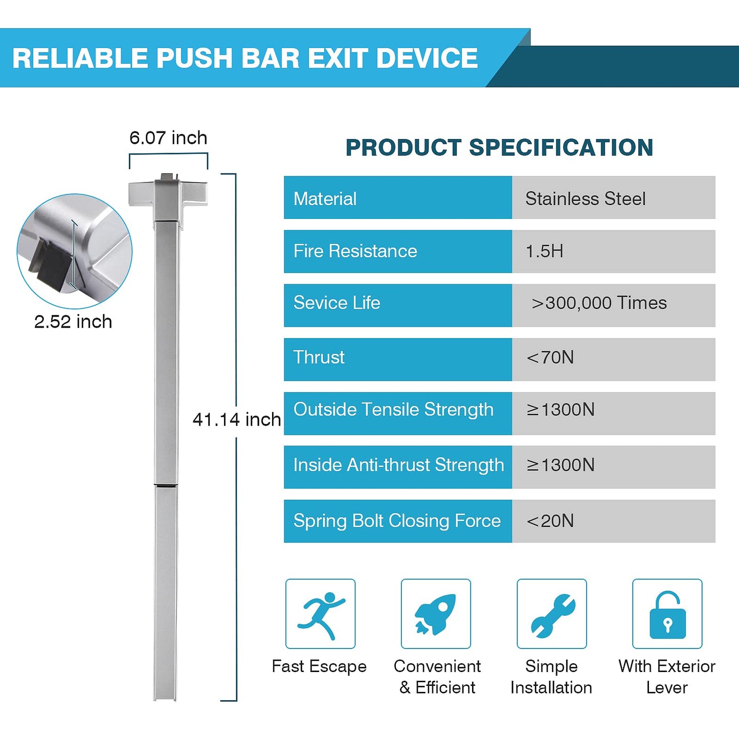 IRONWALLS Panic Bars for Exit Doors 41”, Stainless Steel Commercial Push Bar Panic Exit Device with Exterior Door Lever Handle, Push Bar Door Lock Emergency Door Hardware for 41”-53” Doors