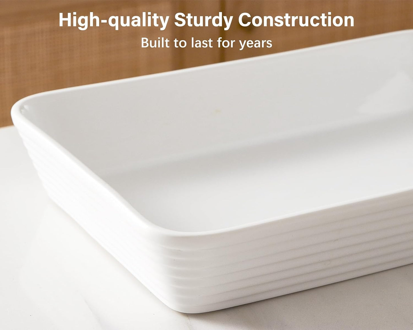 ONEMORE Ceramic Baking Dish - 9x13 Large Rectangular Casserole Pan for Lasagna & Family Meals - Ribbed White Bakeware